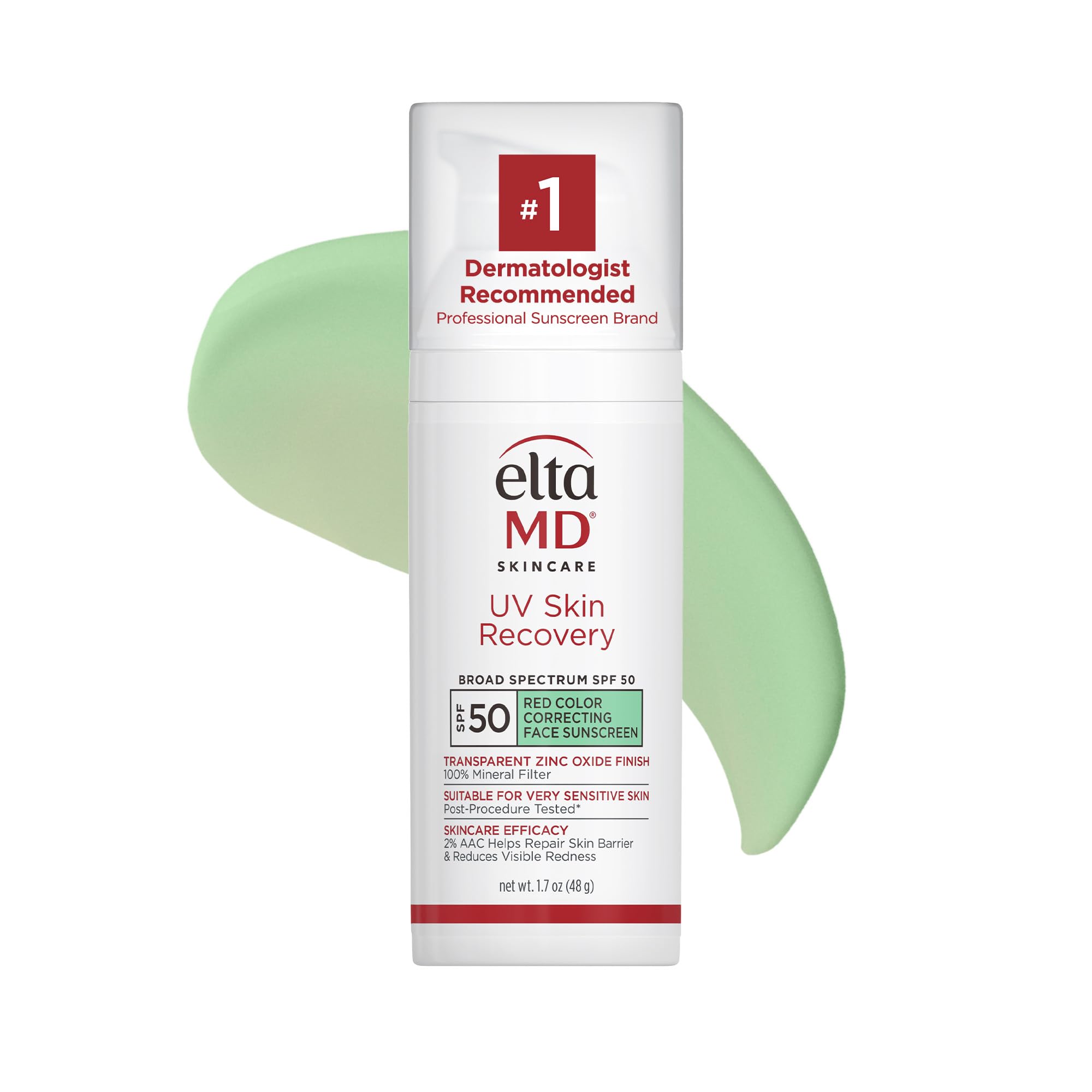 EltaMD UV Skin Recovery Face Sunscreen with Zinc Oxide, All Mineral, Safe for Sensitive Skin SPF 50 Green Tinted