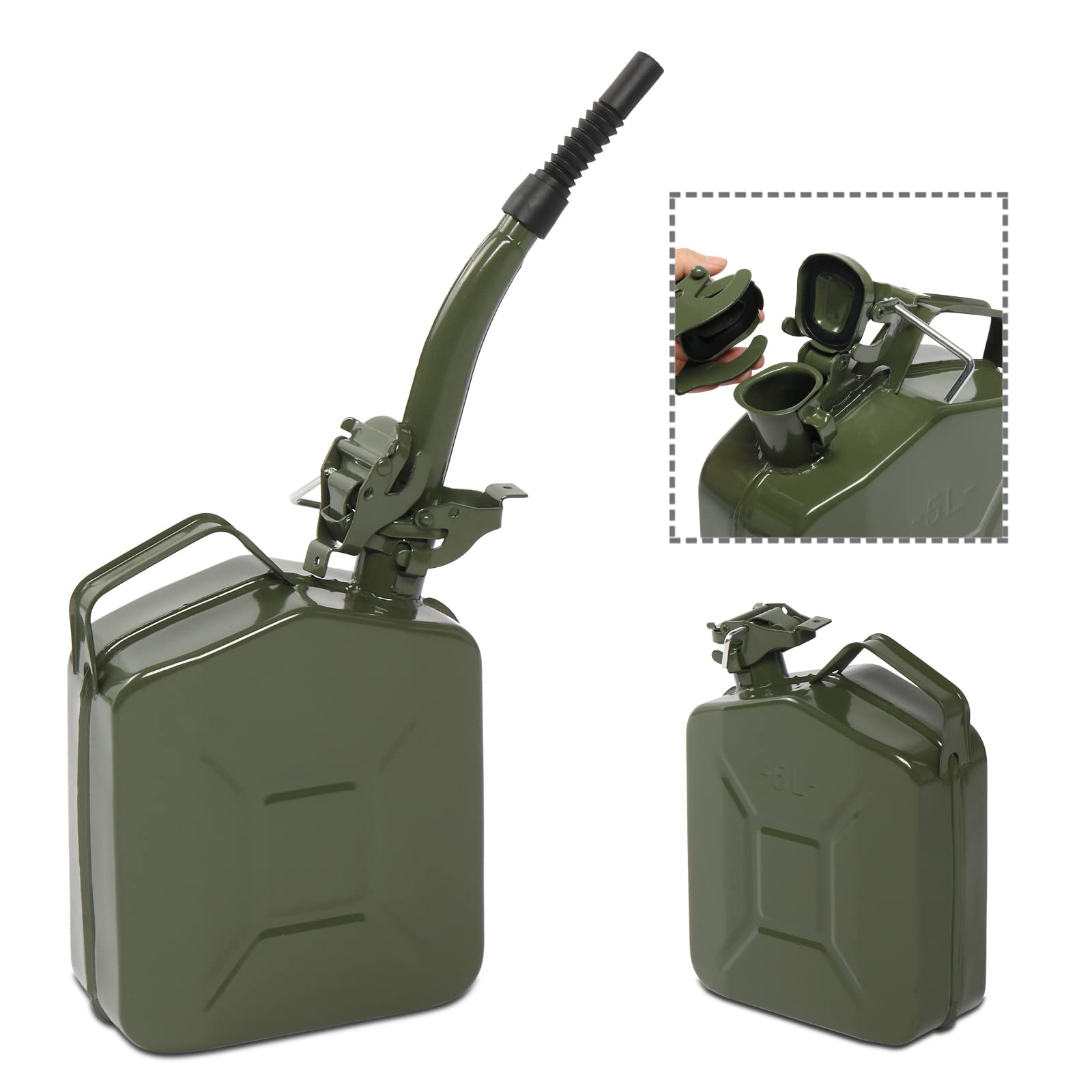 Metal Gas Can with Flexible Spout, Portable Fuel Tank Petrol Diesel Storage Can Water Container for Automobile Vehicle Off Road Emergency Supply (5L, Army Green) (5L, Army Green#2) — view 8