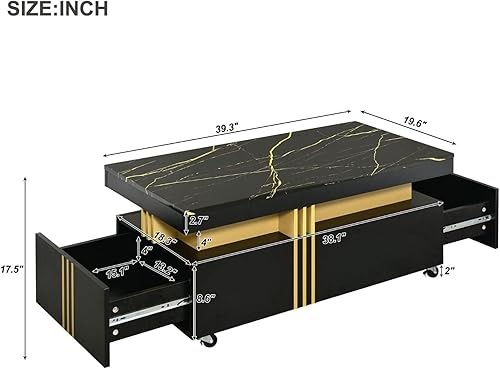 Miniatura 3 de FRITHJILL Mesa de centro con parte superior de mármol sintético, mesa de cóctel contemporánea con cajones y ruedas para sala de estar, área de espera