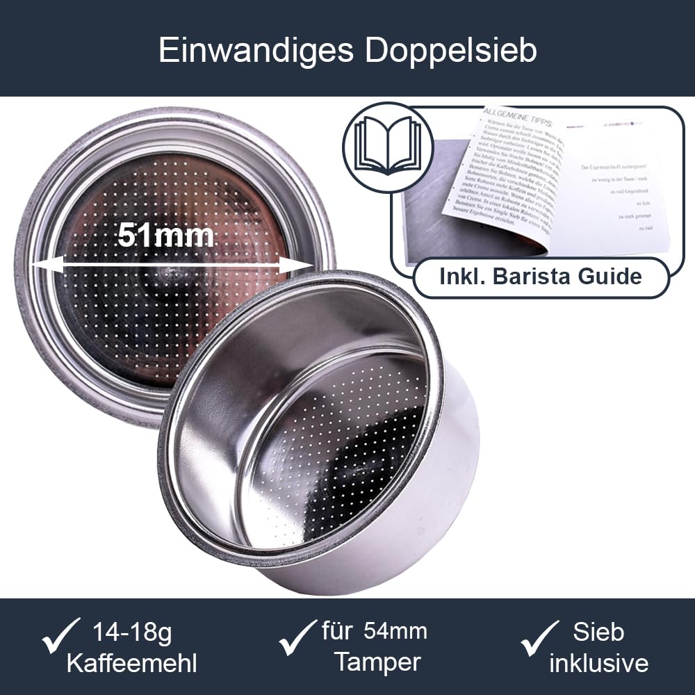 Portafiltro de 54 mm para Breville Barista Express, etc. Portafiltro con doble caño de madera de nogal – Soporte de filtro de acero inoxidable con colador – Accesorios de espresso de [JoeFrex]