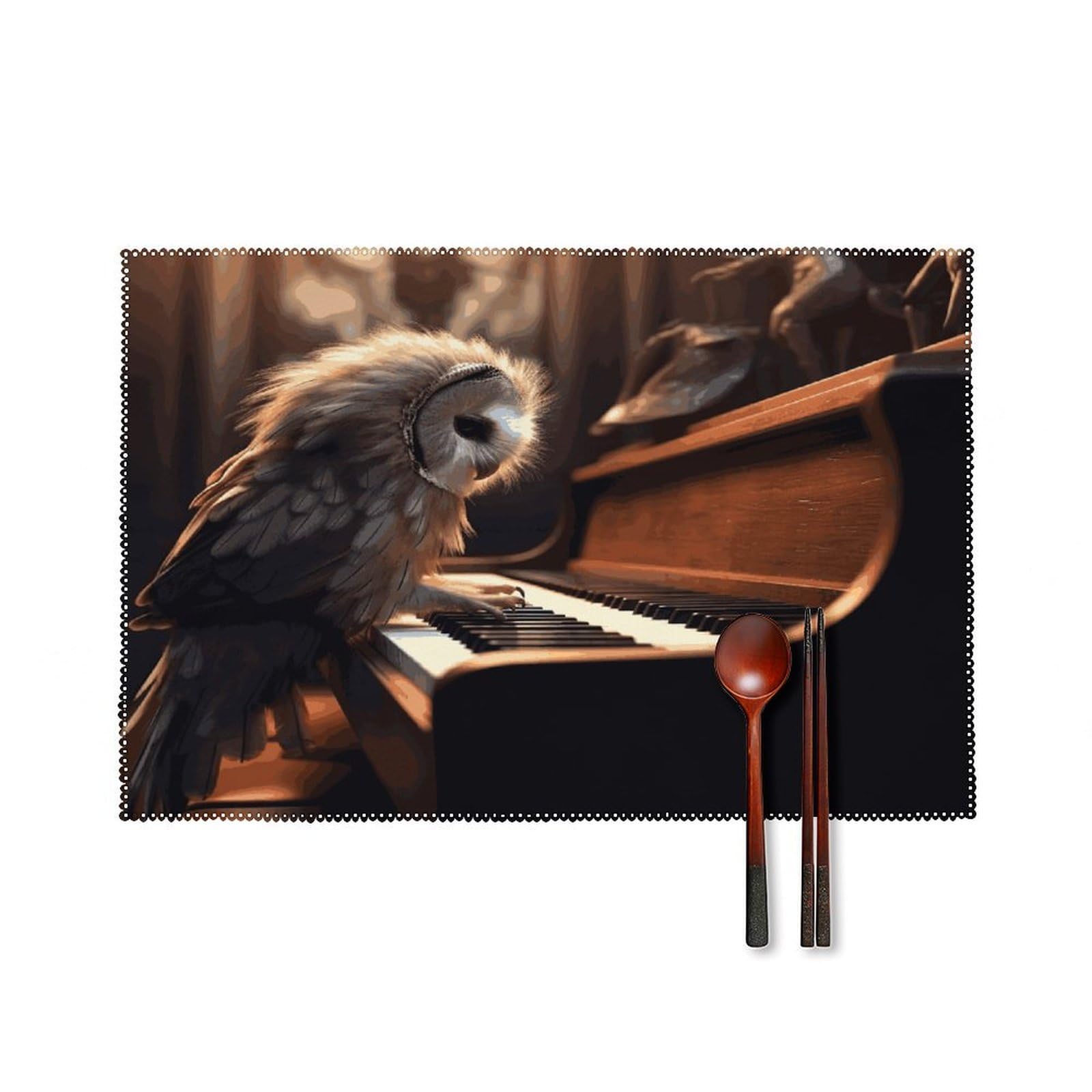 Owl Plays Piano Placemats Set of 4 Canvas Place Mats Non-Slip Heat Resistant Table Mats Washable Waterproof Placemat Wipeable Tablemats for Kitchen Dining Decor Place Mat