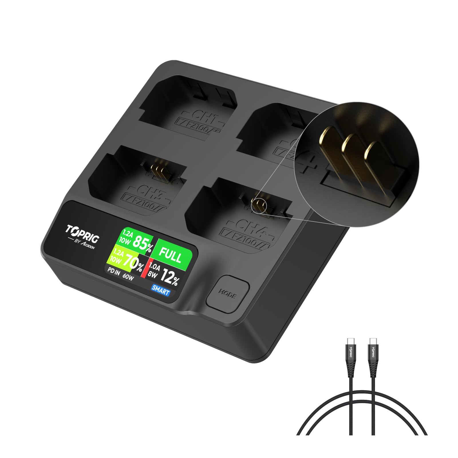 Toprig BC02 NP-FZ100 4-Kanal-Kamera-Akkuladegerät, USB-C PD 60 W Schnellladung, Vollfarb-LCD-Display, Echtzeit-Akkustandsüberwachung, tragbares Design, kompatibel mit Sony NP-FZ100-Akku