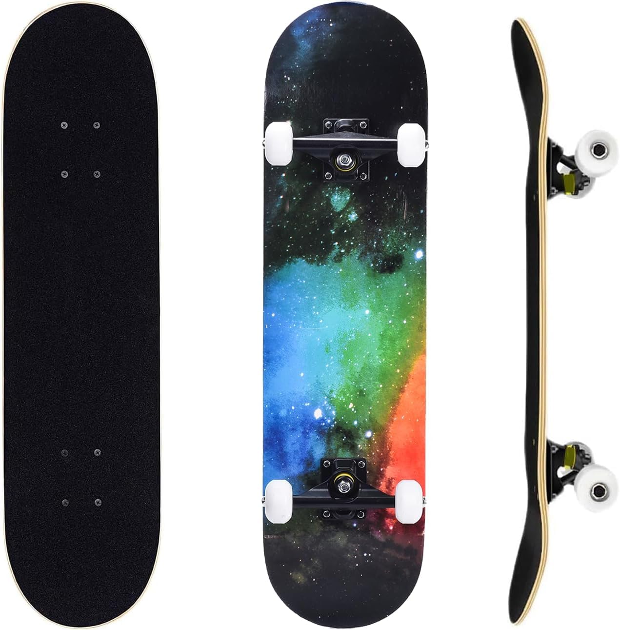 ERNAN Complete Skateboard for Beginners,31 x 8 Inch Double Kick Skateboard for Kids Teenagers & Adults. with Skate T-Tool. (Rainbow)
