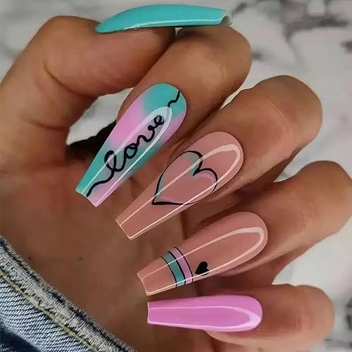 Uñas postizas largas a presión para el día de San Valentín, diseño de corazón, uñas postizas con línea cuadrada brillante, uñas postizas acrílicas,