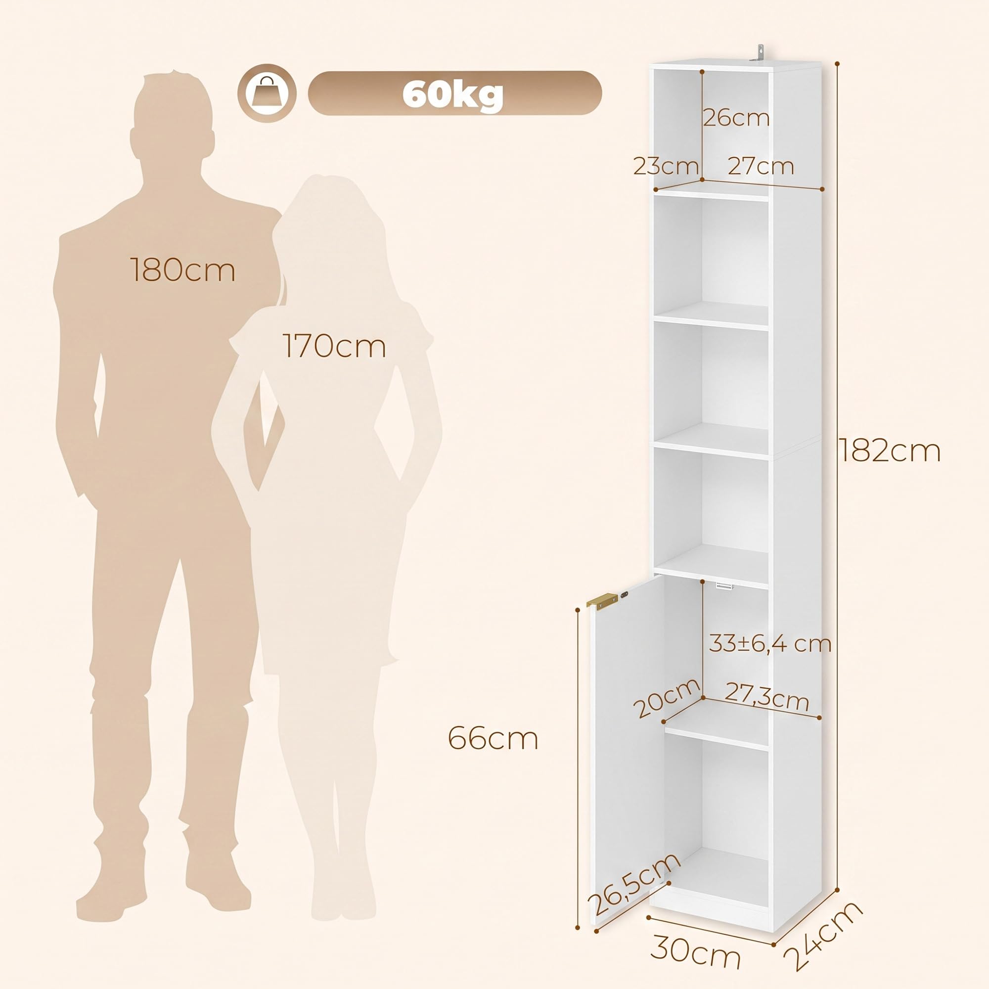 HOMCOM Estantería para Libros de 6 Niveles 30x24x182 cm Blanco | Librería Alta y Estrecha, 4 Estantes Abiertos, Puerta, Estante Ajustable, Salón, Estudio, Oficina
