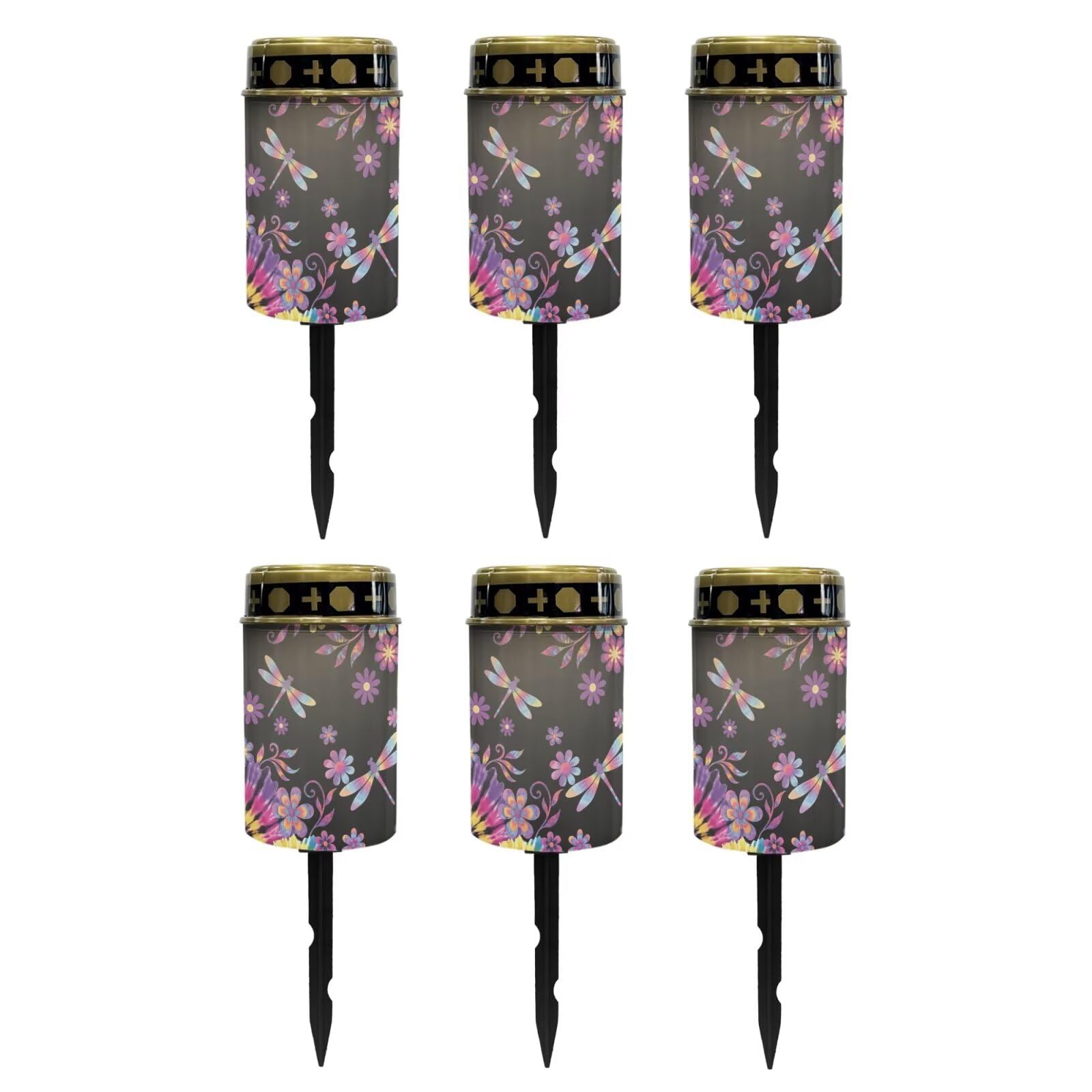 Poceacles Outdoor Solar Powered Cemetery Lights Grave Outdoor Stake Lights Garden Solar Lantern Flameless Candles Garden Decoration, Hippie Flower Dragonfly Violet, 6 Pcs