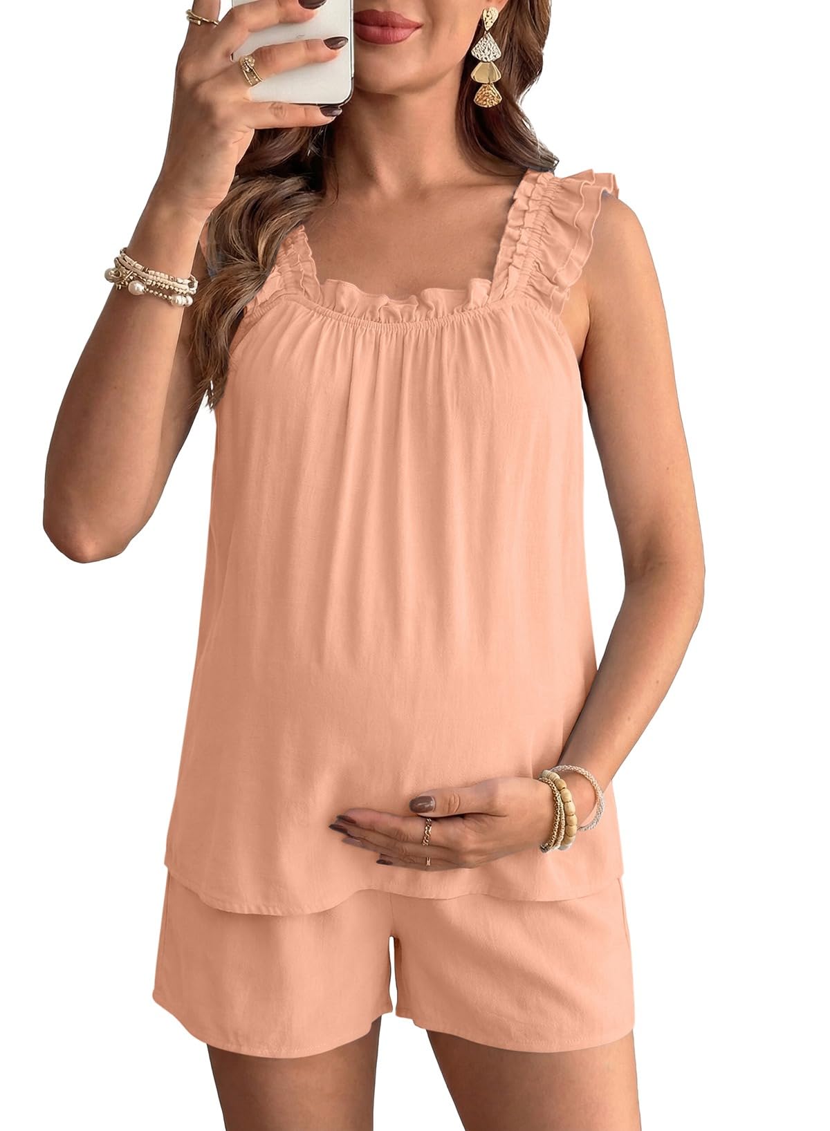 BLENCOT Maternity Pajamas Shorts Sets for Women 2 Piece Ruffle Sleeveless Round Neck Short Sleeve Outfits Pregnancy Clothes