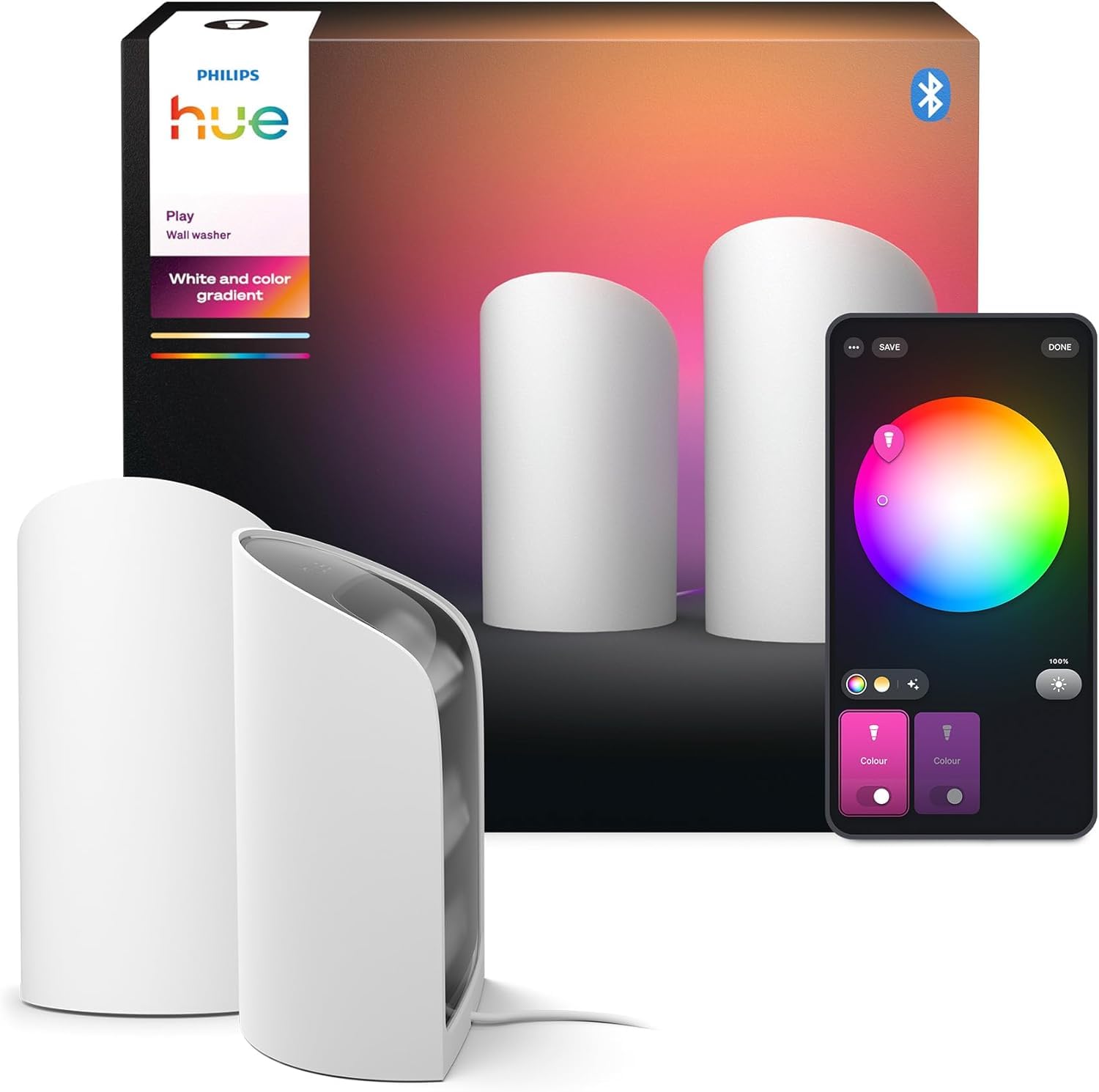 Philips Hue Play Smart Wall Washer Bianco, Tecnologia ColorCast, Luce bianca e colorata, Compatibile Bluetooth, Controllo vocale con Alexa, Apple Home & Google Assistant, pack da 2