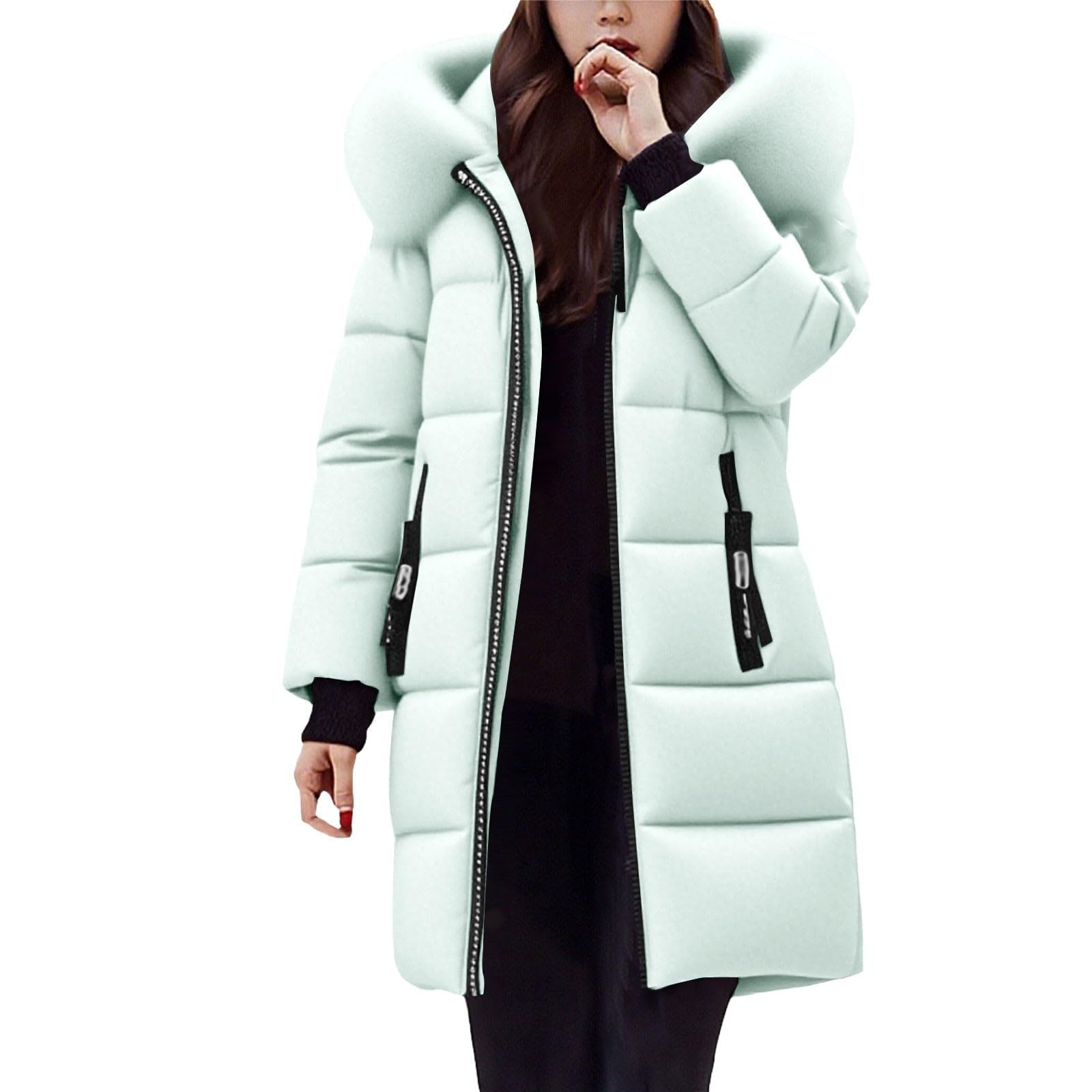 FUPODD Wintermantel Damen Lang Daunen Steppmantel Winter Warm Daunenmantel Mit Kapuze Fell Daunenjacke Lange Mantel Elegant Warme Winterjacke Dicke Gefüttert Steppjacke Thermo Puffer Jacke Zipper