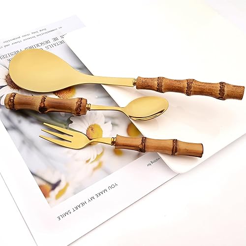 Miniatura 5 de 8 cucharaditas doradas, cuchara agitadora con mango de bambú, juego de cucharas de té de café, cucharadas de acero inoxidable 1810 de grado