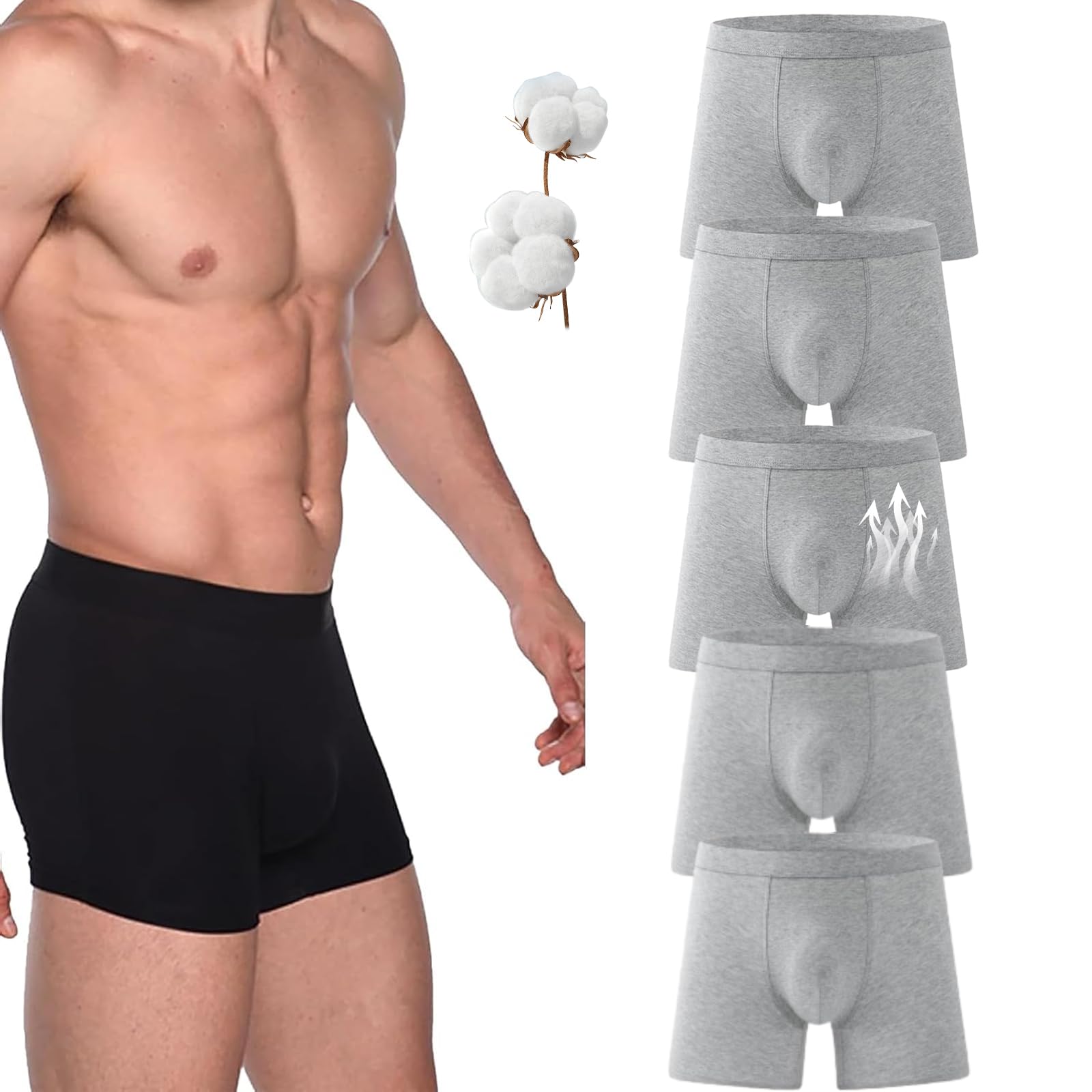 AMOUSDRDR 5 Pcs Men's Ultra-Absorbent Incontinence Boxer Briefs, Mens Incontinence Leakproof Washable Reusable Leakproof Cotton High Absorbency Boxer Brief (Gray-5Pcs,6XL)