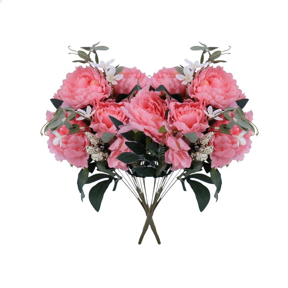 Yatai2 Bunch Artificial Silk Peony Flowers Bouquet Floral Wedding Fake Flowers Artificial Flowers Leaves Branches for Bridal Bouquets Arts Crafts Project Decorations (Pink)