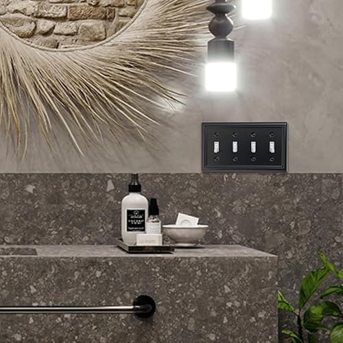 Vista 24 de Adler - Cubierta de pared de metal para interruptor de luz cuádruple, paquete de 2 unidades, color negro, 4 bandas, para interruptor de atenuación