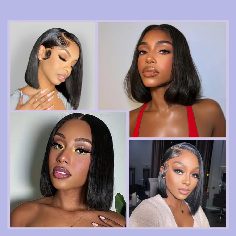 Short Bob Wig Human Hair Straight 13x4 Frontal HD Transparent Lace Front Wigs 100 Percent Real Human Hair Black Bob Wig for Women Pre Plucked 180% Density Natural Color 12 Inch