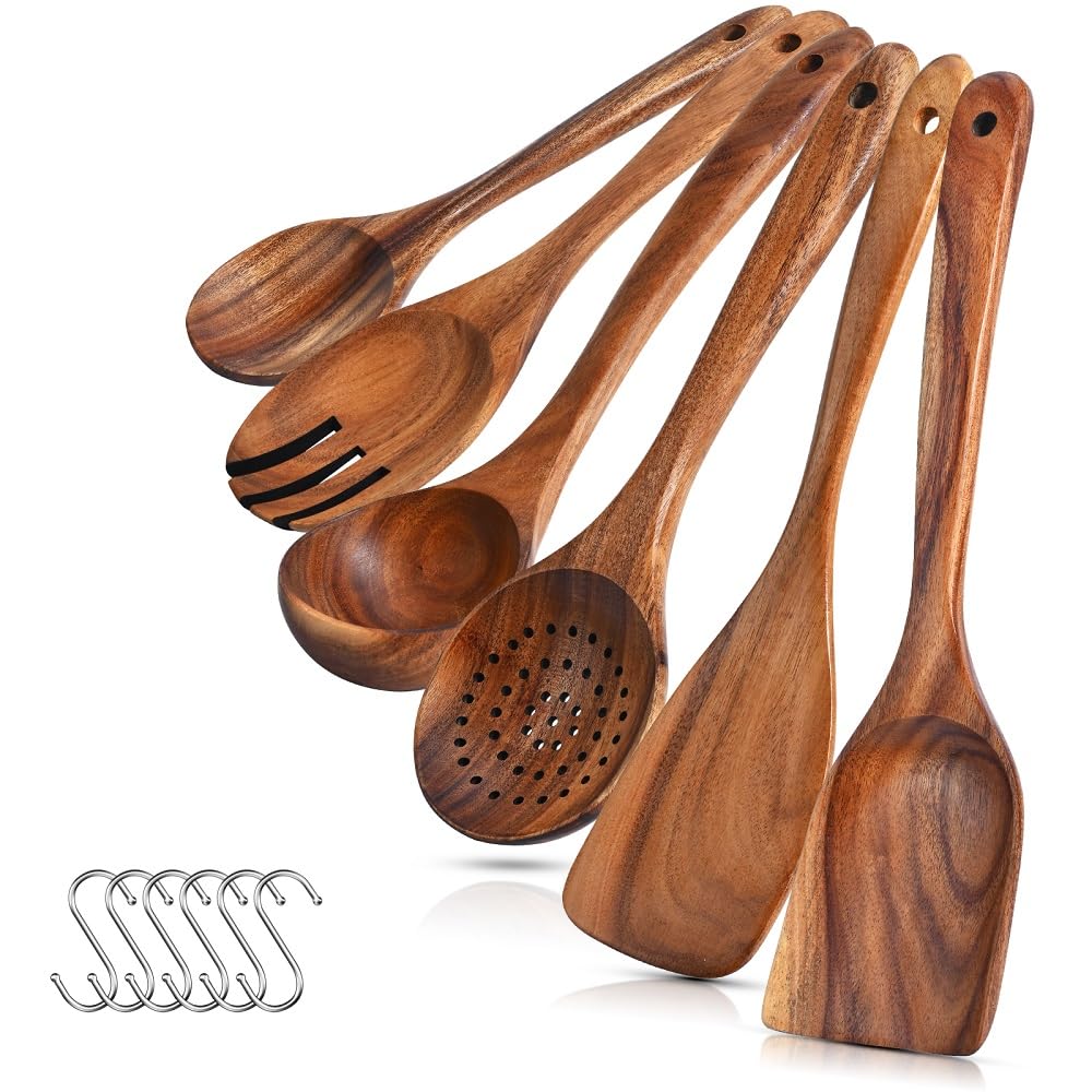 Holz Kochgeschirr Küchengeschirr mit Halter Handtuch natürlichem Teakholz Löffel und Spatel Küchenutensilien Set Pfannenheber Kochutensilien (6 Stück)