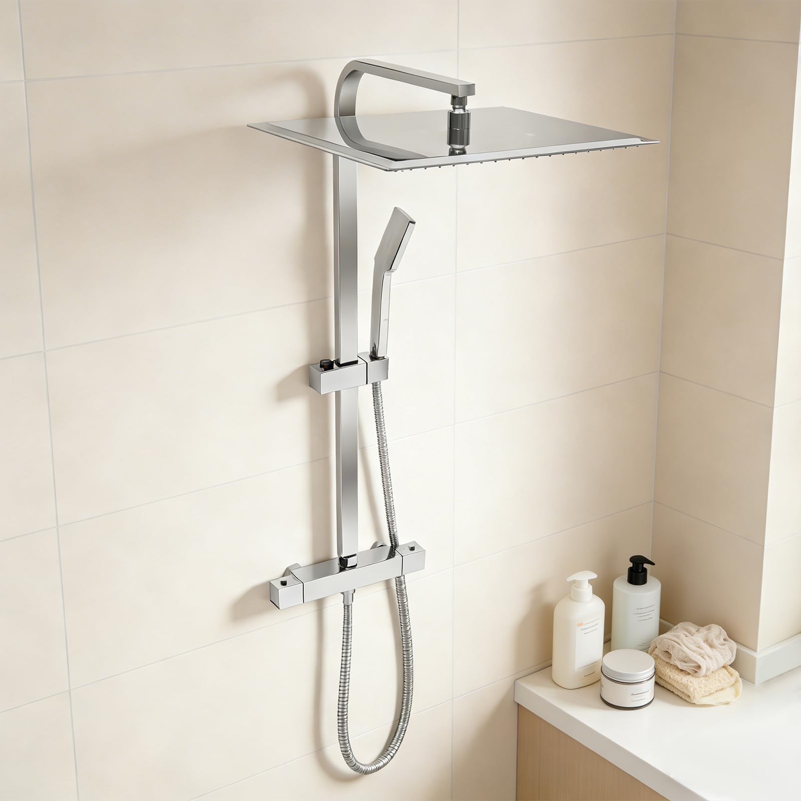 Termostat system prysznicowy 40 × 40 cm, głowica prysznicowa 360° ze słuchawką prysznicową, regulowana wysokość, z mosiądzu i stali nierdzewnej chromowana deszczownica