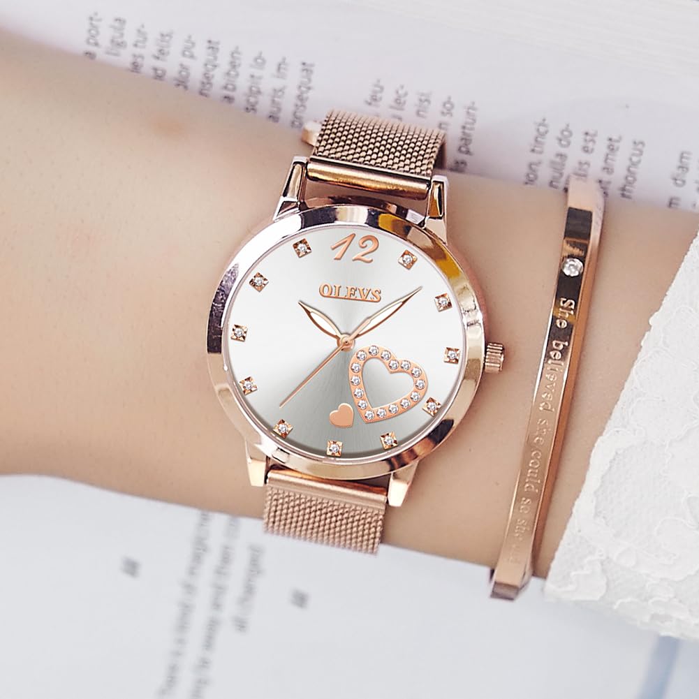 OLEVS Roségold Damenuhr Edelstahl, Lässig Klein Armbanduhr Damen Wasserdicht, Moderne Analog Uhr Damen mit Mesh Armband, Ultradünne Damen Uhr mit Diamant Herz