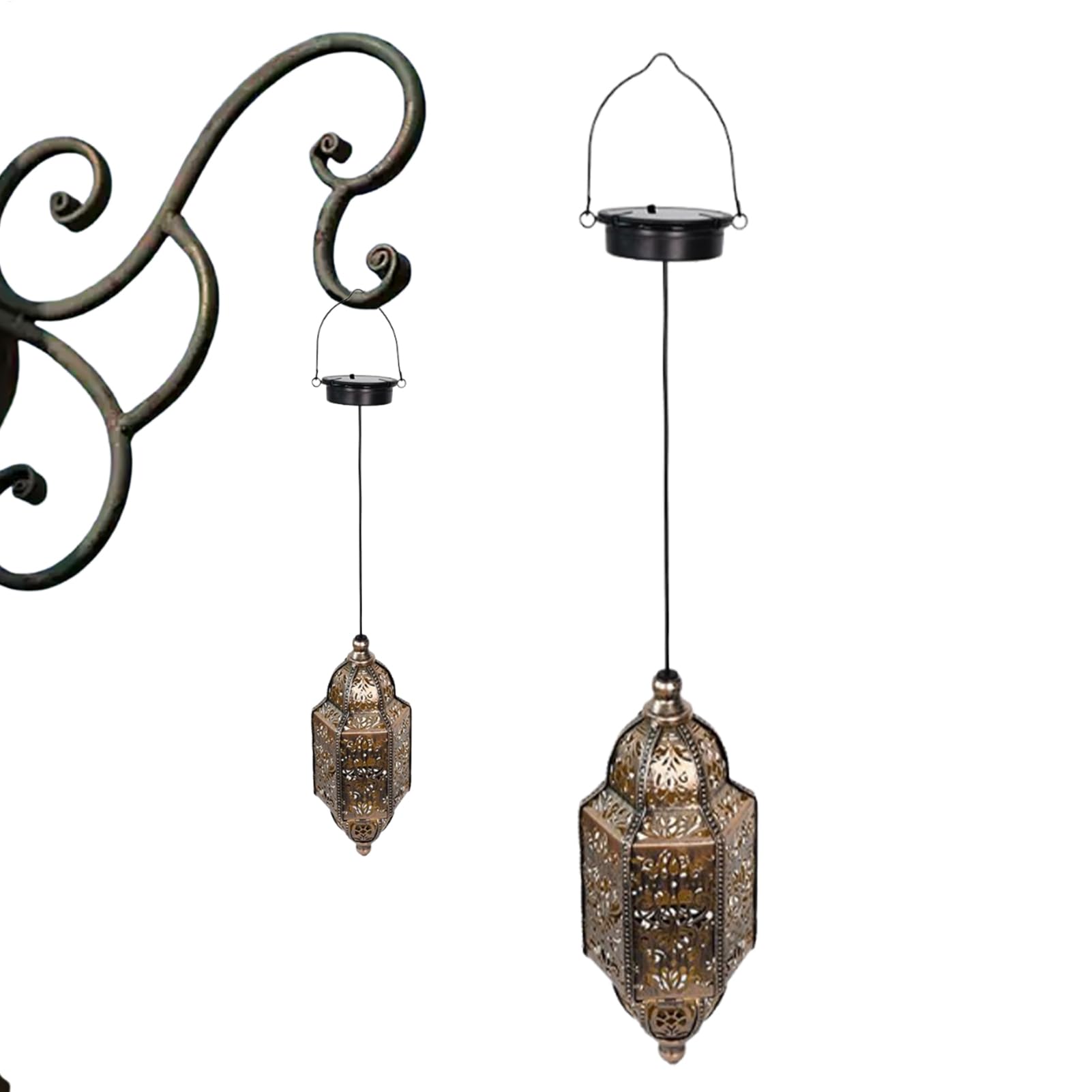 Latarnia zewnętrzna, wodoodporna, solarna lampa ogrodowa, solarna lampa na werandę, efekt marokańskiego cienia, wisząca lampa dekoracyjna z haczykiem na balkon, dom wiejski i patio, 39,7 cm