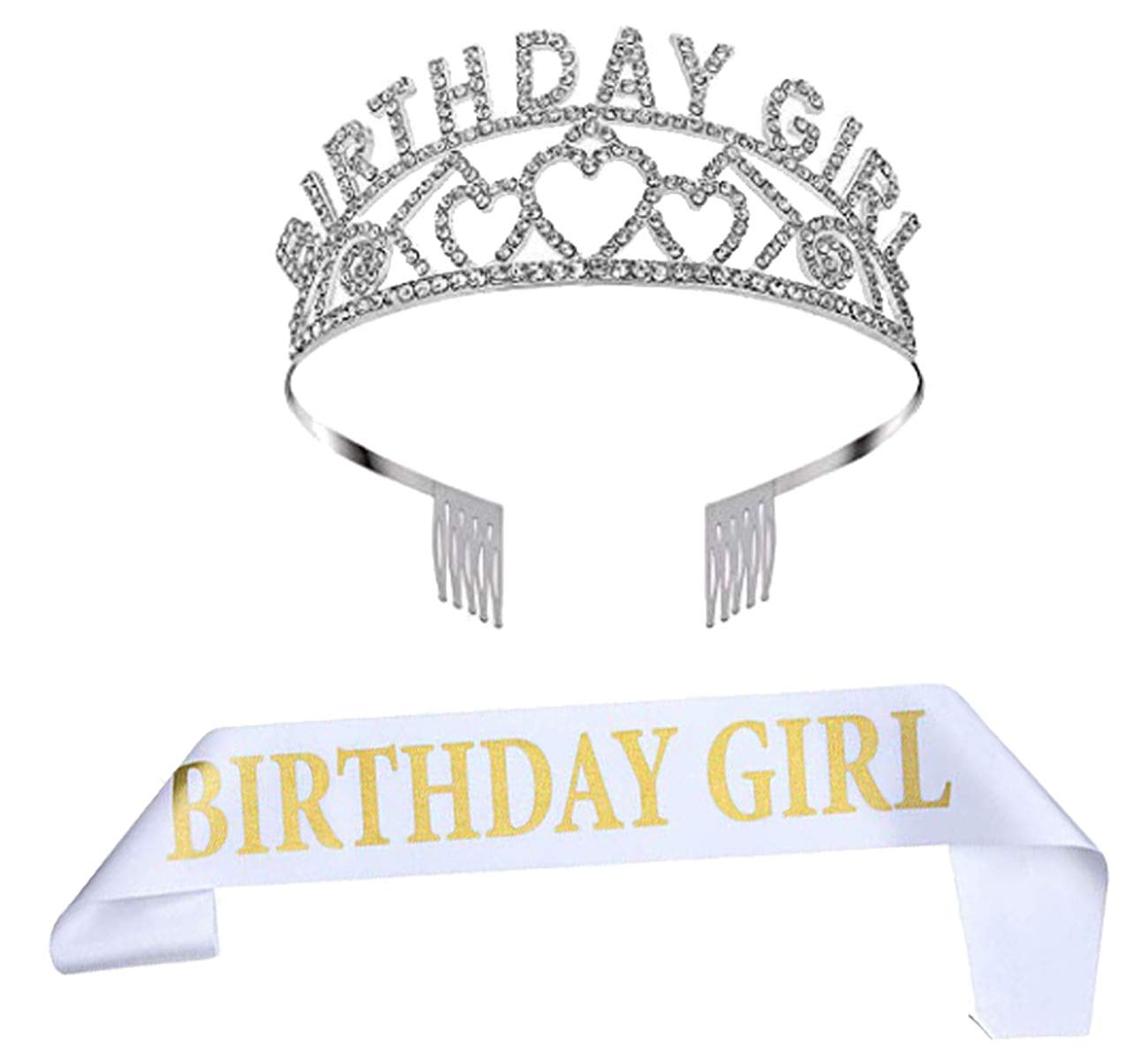 Birthday Crown Party Rhinestone Headband Prom Queen Crown Birthday Girl Sash (01) : Beauty & Personal Care