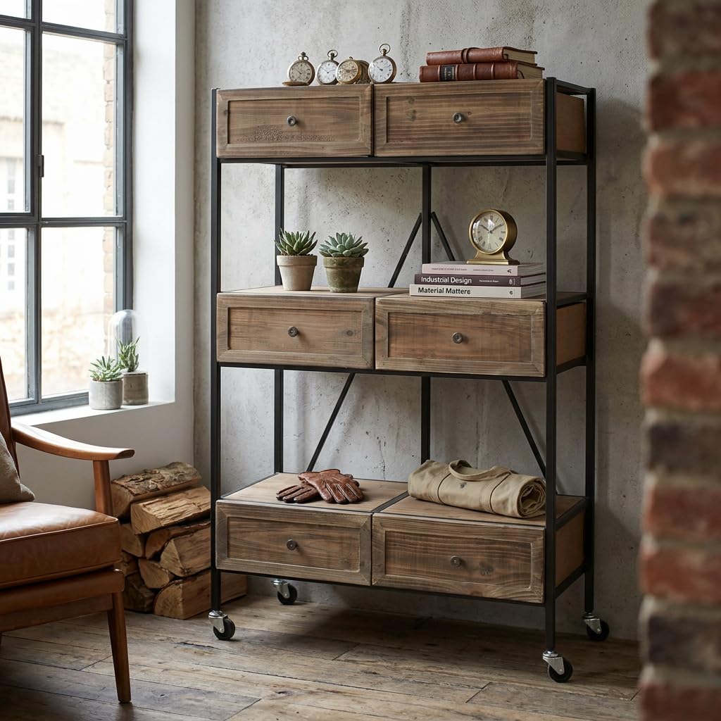 DiKasa Scaffale Industriale in Ferro e Legno con 6 Cassetti e Ruote, Mobile Contenitore per Soggiorno Cucina Studio, Struttura Nera e Cassetti Marrone Scuro 74x37x112 cm