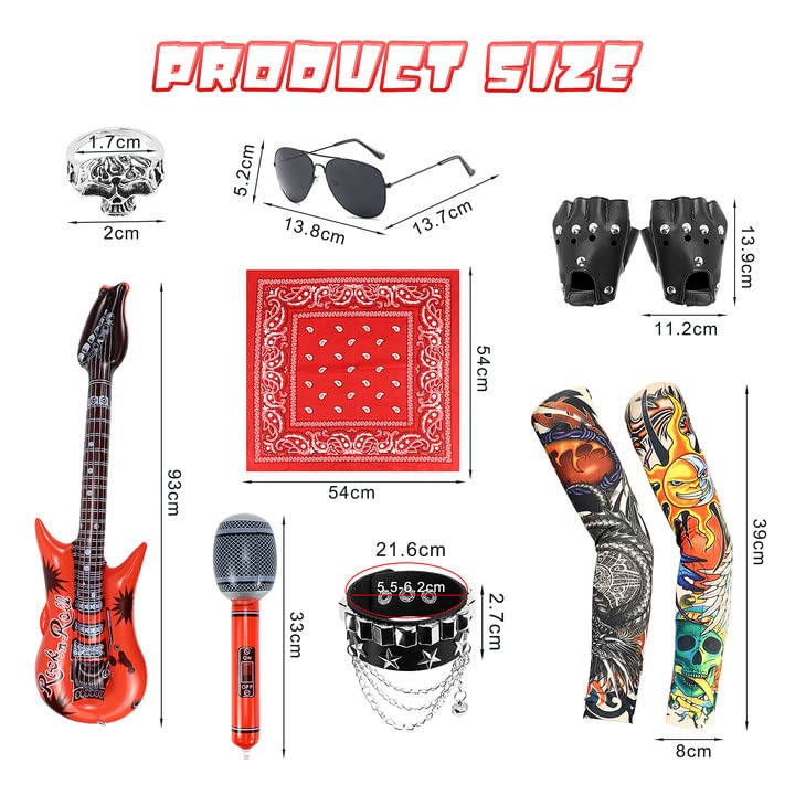 Dreamtop 10Pcs Punk Rockstar Fancy Dress Gothic Rocker Costume Set Rock Star Accessories with Gloves Sunglasses Bandana Tattoo Sleeves Bracelet Ring Inflatable Guitar Microphone - Image 2