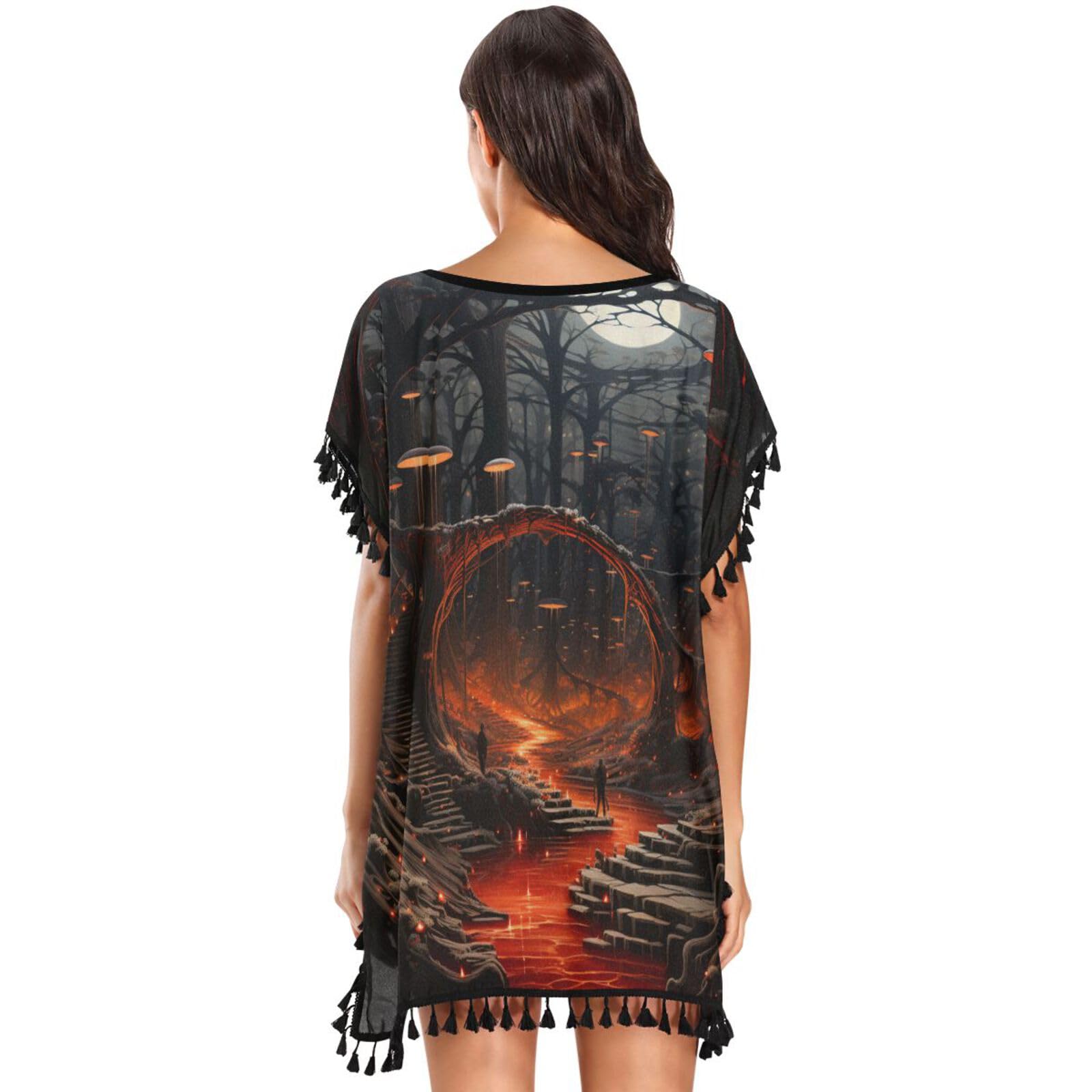 Black Dark Moon Art. Women's Beach Cover Up Chiffon Tassel Swimwear Swimsuit Coverups for Girl