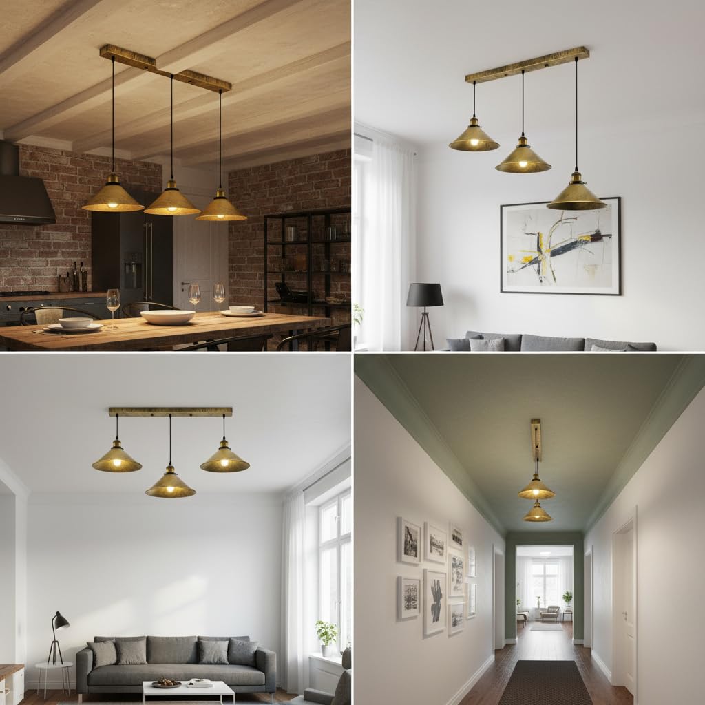 LEDSone Suspension industrielle vintage en métal argenté brossé à 3 têtes avec abat-jour conique E27 et support de plafond de 50 cm (Laiton Brossé.)