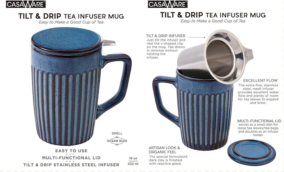 casaWare Shell 18-Ounce Tilt & Drip Tea Infuser Mug (Ocean Blue)