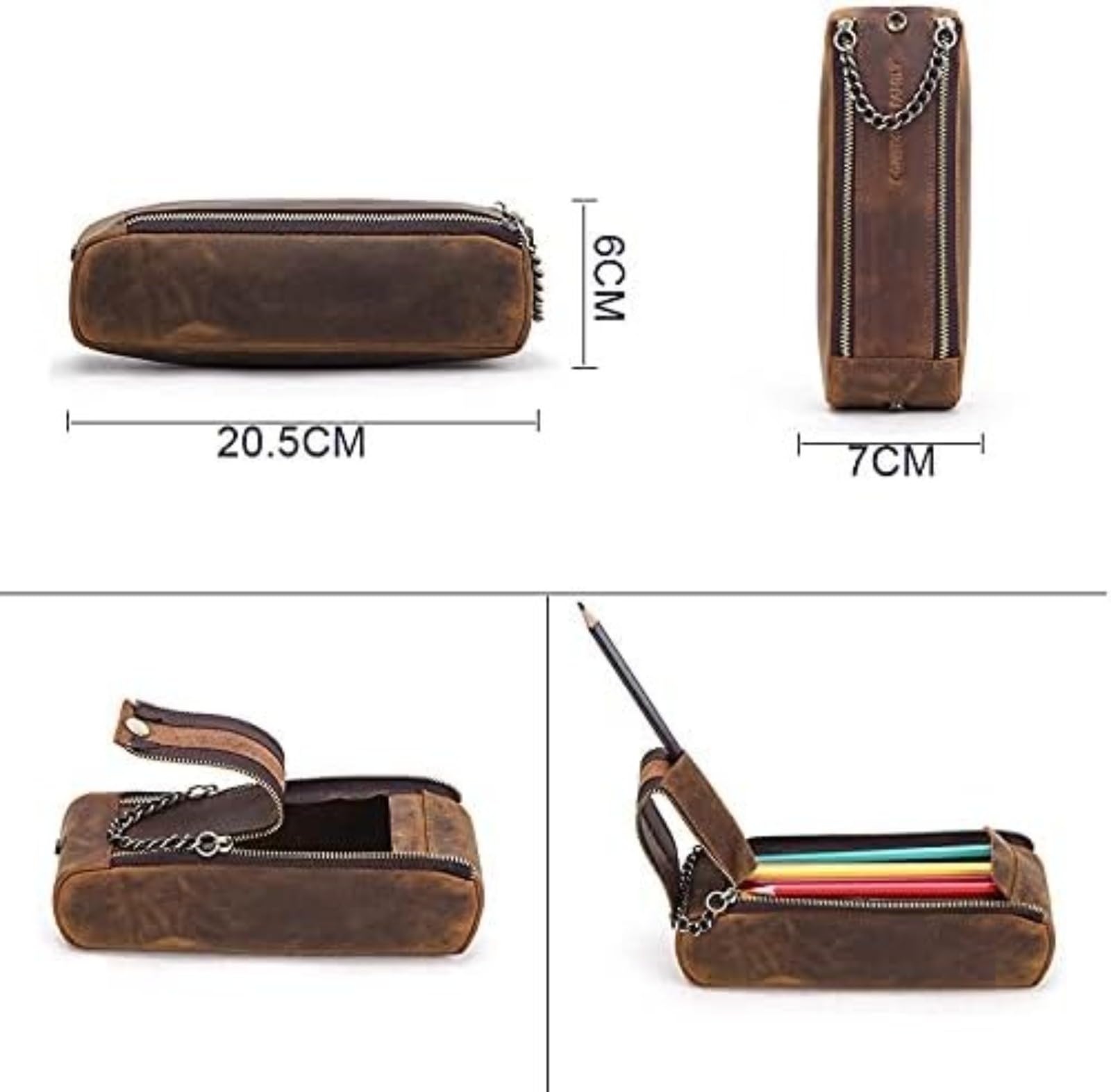 Crazy Horse, astuccio in pelle vintage, con cerniera e catena in metallo, borsa per cancelleria in vera pelle retrò, per scuola, ufficio, adulti e uomini