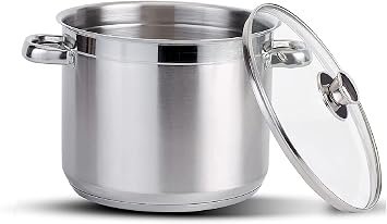 Stainless Steel Stock Pot with Vented Glass Lids- Deep Two Tone Silver Pot, Induction Base 24 cm Diameter - 8.0 Litre