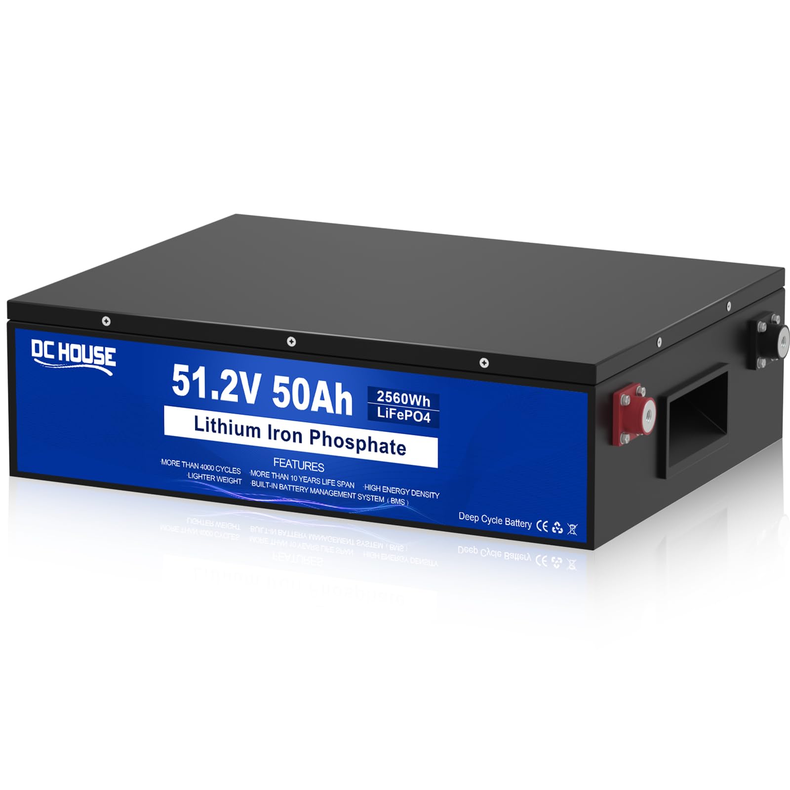 DCHOUSE 48V 50Ah LiFePO4 Batteria del carrello da golf,Protezione intelligente,Batteria al litio con celle di grado A perfetta per camper, carrello, motore da pesca alla traina, solare