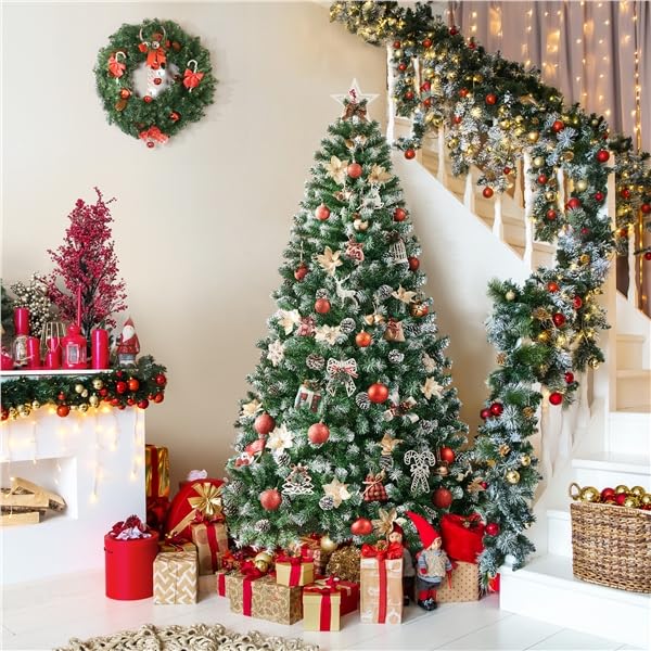 Yaheetech Albero di Natale 183 cm Artificiale Innevato con Pigne 920 Rami Incernierati Effetto Realistico con Supporto Metallo Pieghevole Decorazioni Natalizie