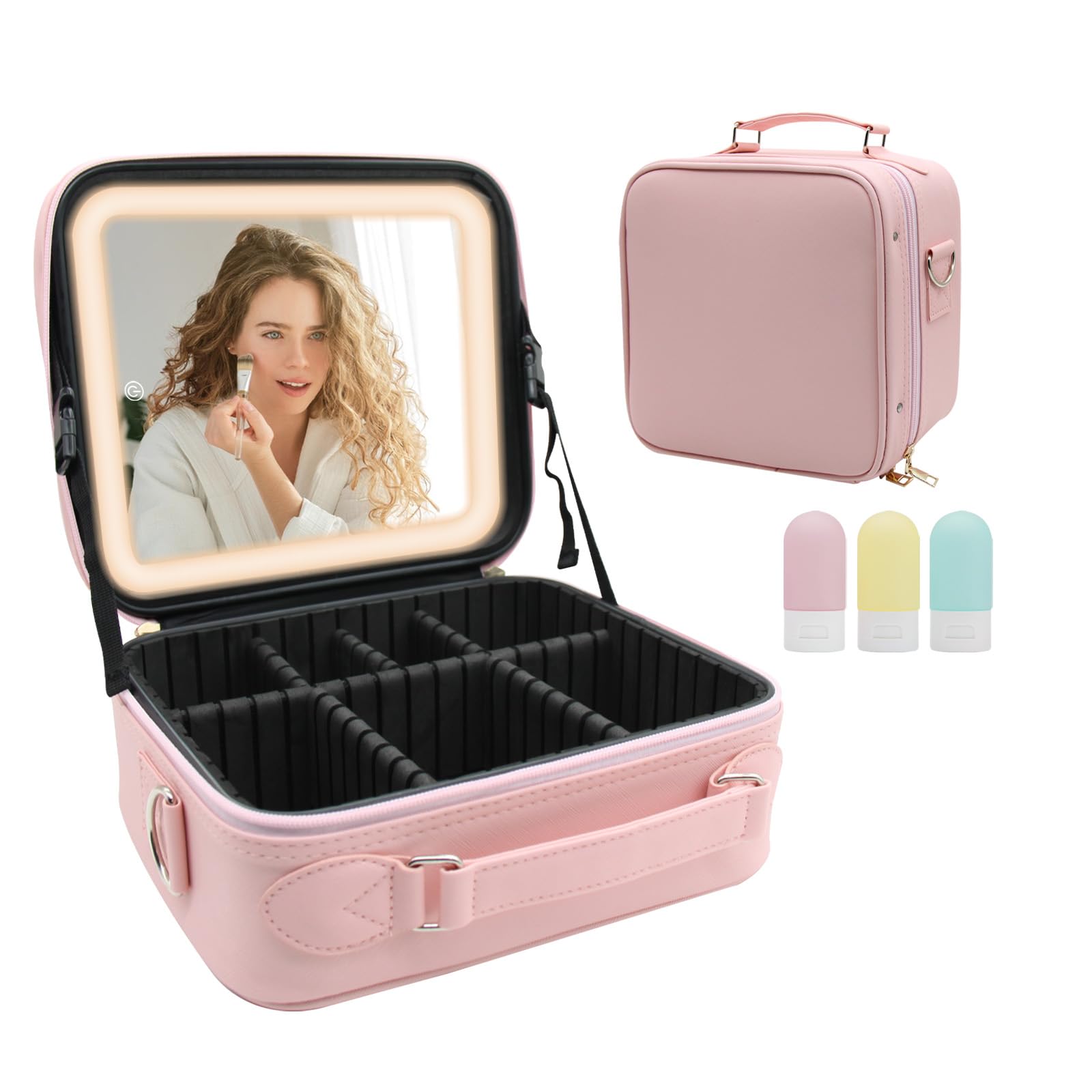 Amlope Maletín Maquillaje con LED Espejo Estuche Cosmético de Viaje con 3 Luces de Relleno de Color Organizador Cosmético Profesional Bolsa de Maquillaje Portátil con Compartimento Extraíble (Rosa)