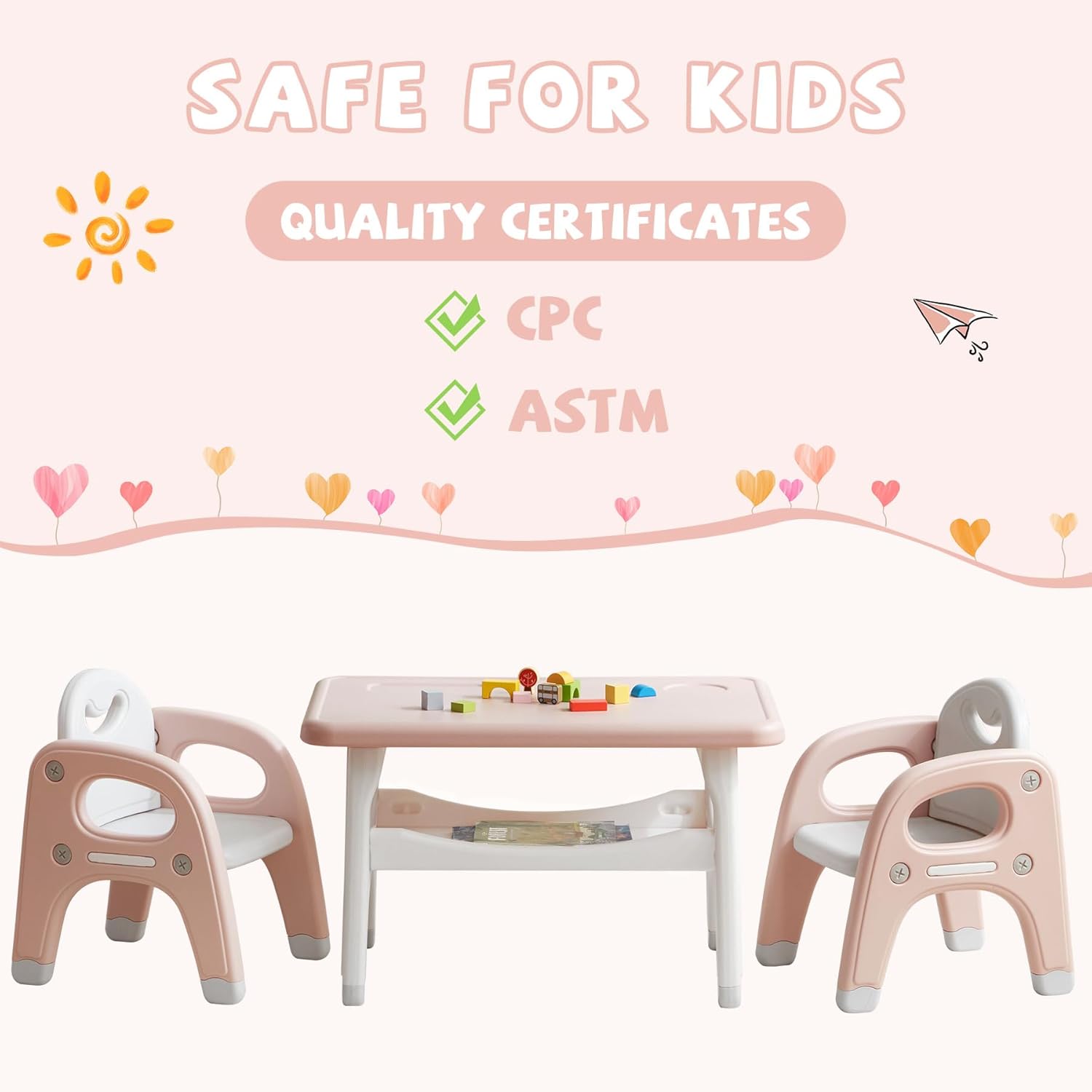 DOREROOM Kids Table and Chair Set, Plastic Children Activity Table with 2 Chairs, Toddler Table and Chair Set for Reading, Drawing, Snack Time, Arts Crafts, Preschool, Gift for Boys Girls
