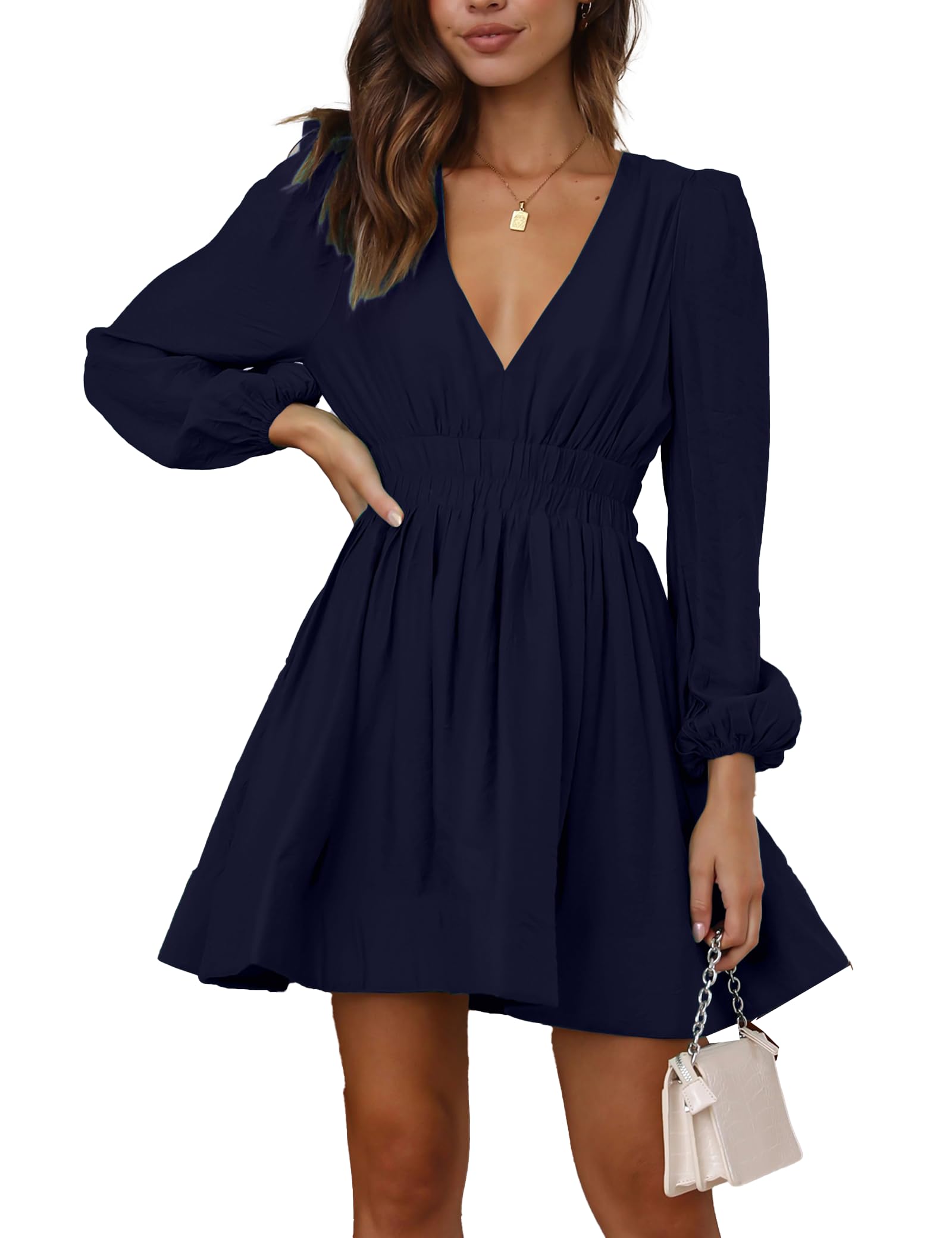 FAIABLEMini Dress Deep V Sexy Dress Long Sleeve Dress for Women A-line High Waisted Casual Flowy Dress