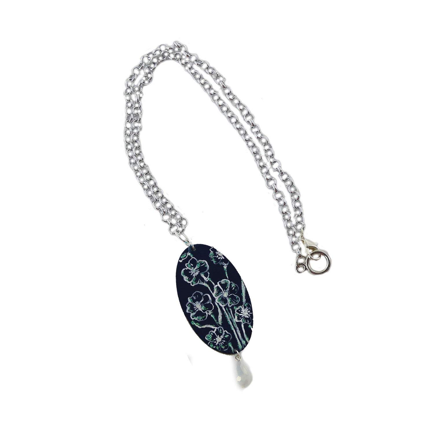 Arte Lisanti Collar con colgante pintado a mano – Anémonas – Collar con colgante pintado a mano, medallón de madera pintado a mano, joya elegante en madera totalmente pintada