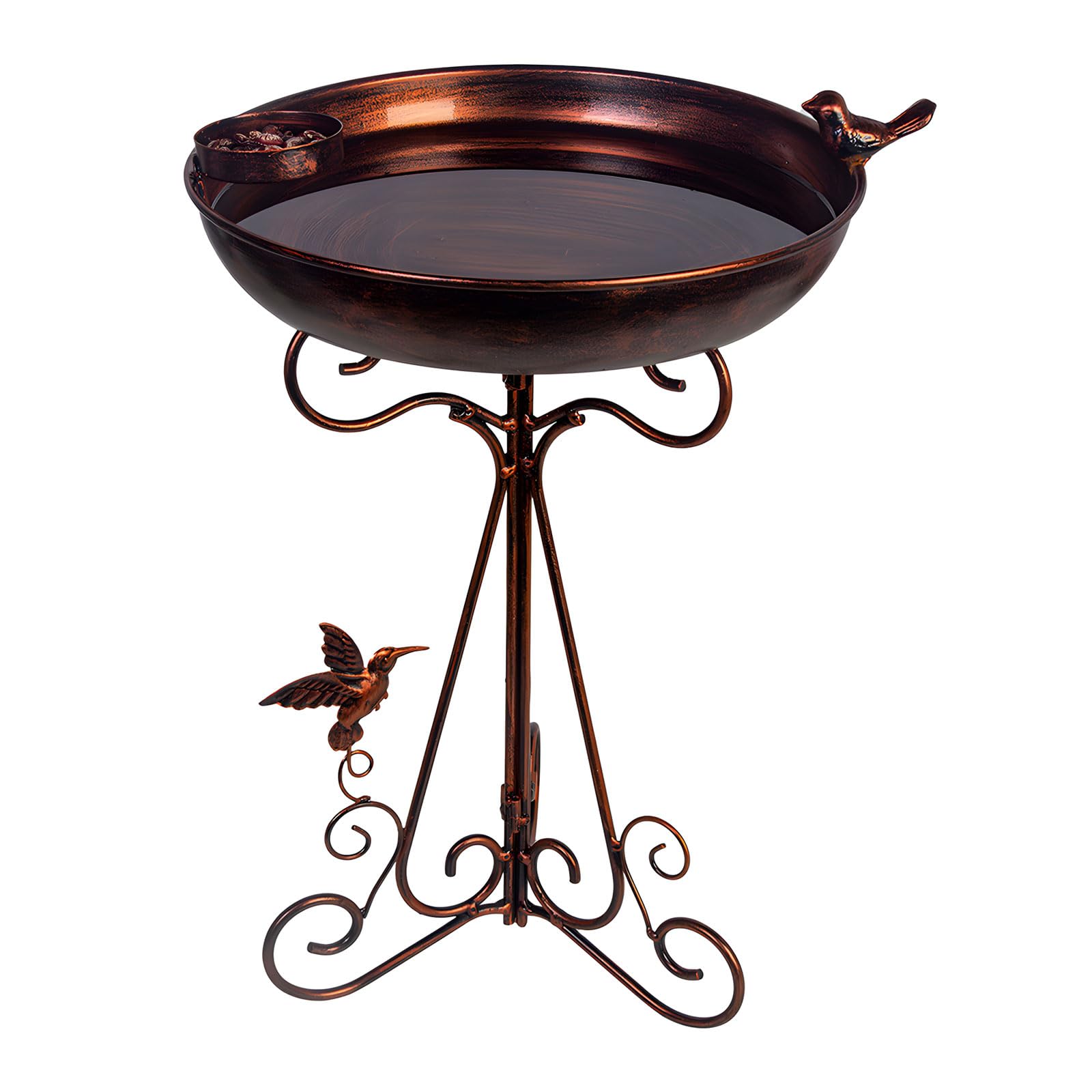 Squisito set di mangiatoia per uccelli in rame con figure decorative per attrazione del giardino, elegante ciotola per uccelli con finitura in rame