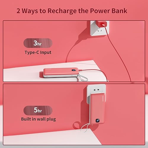 Miniatura 4 de Cargador portátil con cables integrados y enchufe de pared de CA, delgado 10000mAh 22.5W, cargador de energía de carga rápida, 5 salidas y 2