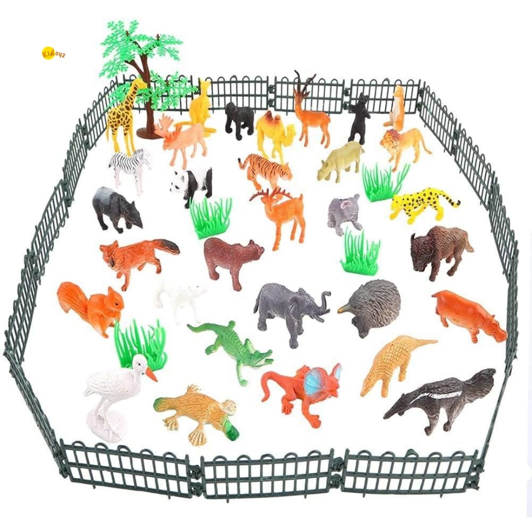 Kidoyz Animal Planet Educational Toy Set, 58 Pieces Multicolor Safari Figurines, Soft PVC Material, Realistic Design for Children 18-48 Months, Small Size with Trees and Fences 2