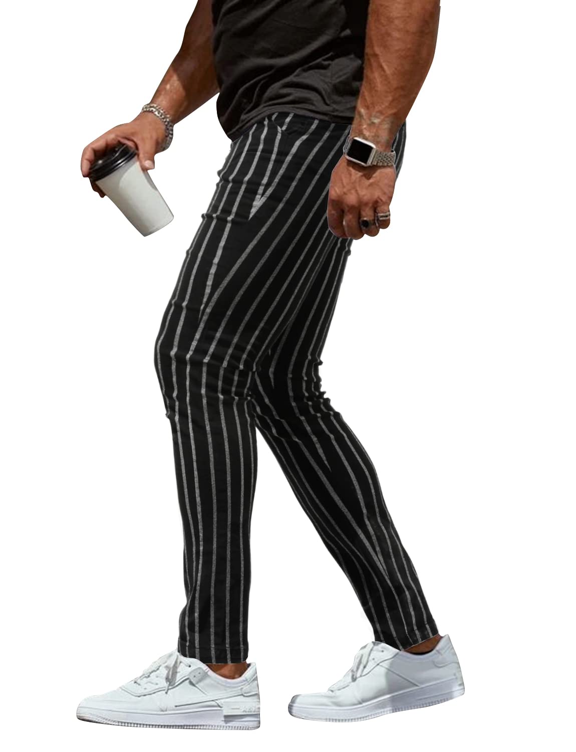 Woenzaia Pantaloni skinny scozzesi per uomo Stretch Slim Fit Dress Pant