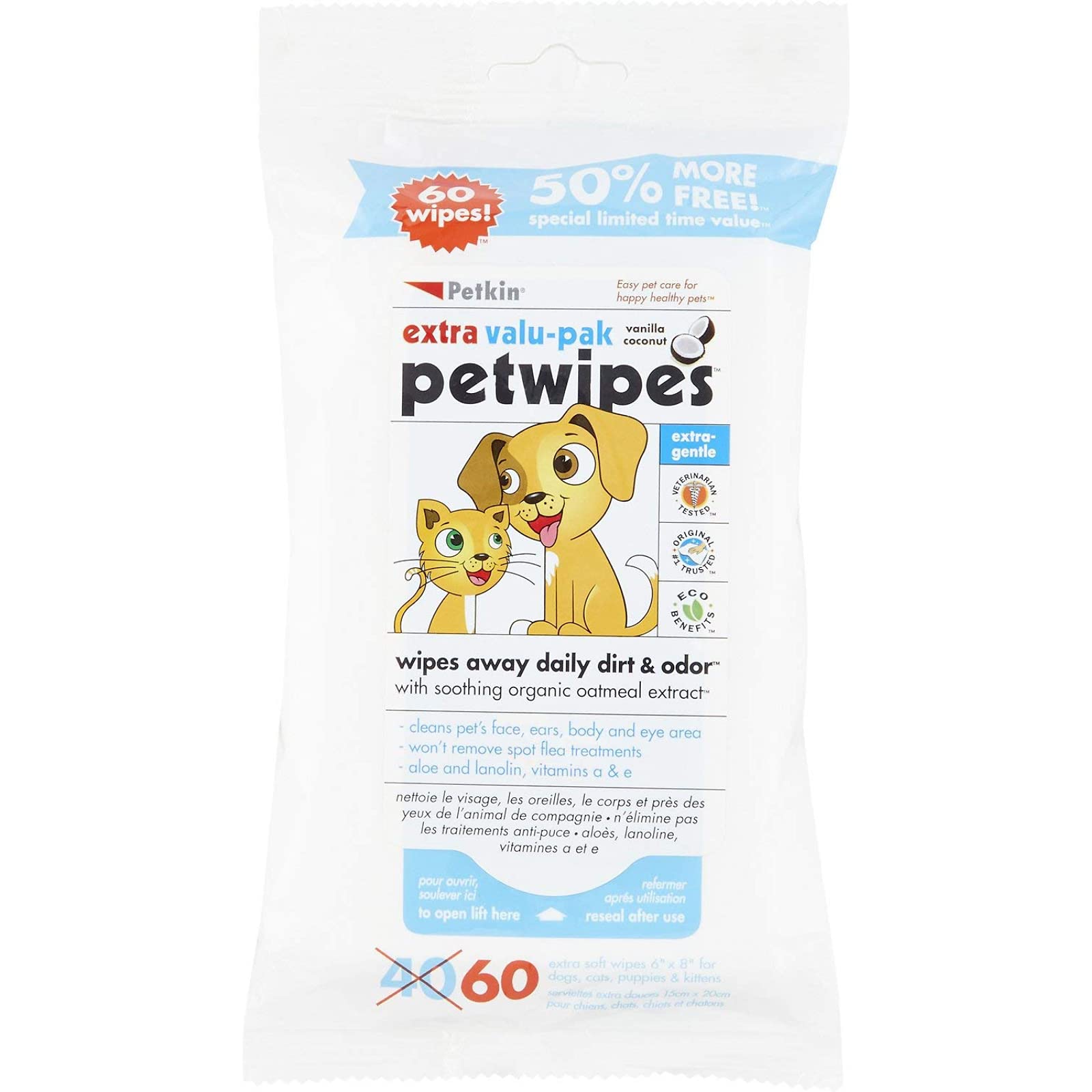 Sponsored Ad - Petkin Petwipes for Dogs and Cats Extra Valu-Pack, Wipes Away Daily Dirt and Odor, Cleans Face, Ears, Body and Eye Area, Super Convenient, Ideal for Home or Travel 60 Wipes