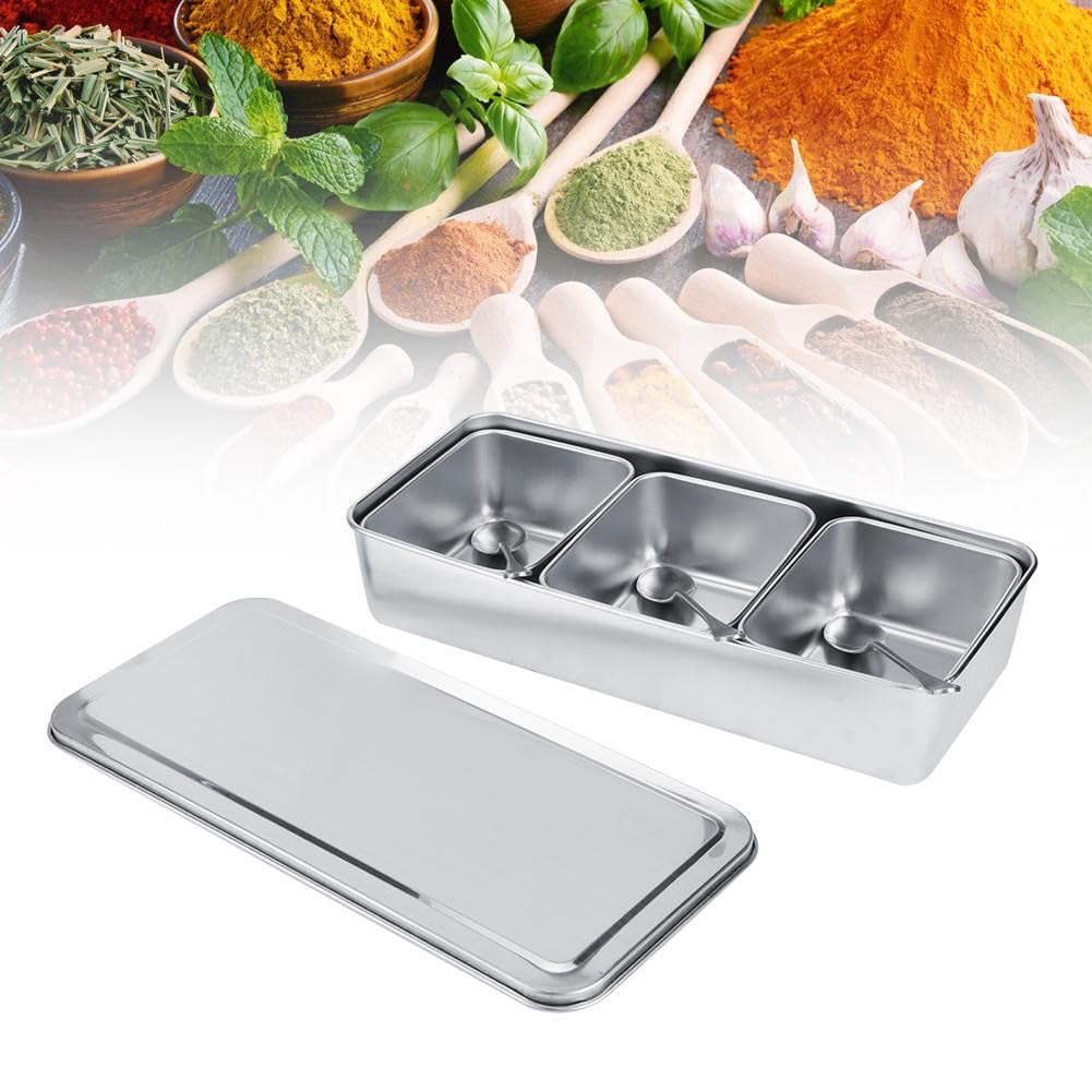 Scatola per Condimenti, Portacondimenti Set di 3 Condimento Box Spezia Jar, Sei Scatola di Condimento in Acciaio Inox Estraibili con Coperchio e 3 cucchiai per spezie, condimenti