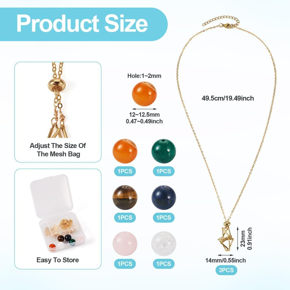 FASHEWELRY 3pcs Adjustable Stone Holder Necklace 19.49 Inch 304 Stainless Steel Golden Crystal Empty Gemstone Cage Necklace Chain with 6pcs Round Stone Beads for DIY Jewelry Making - Image 3