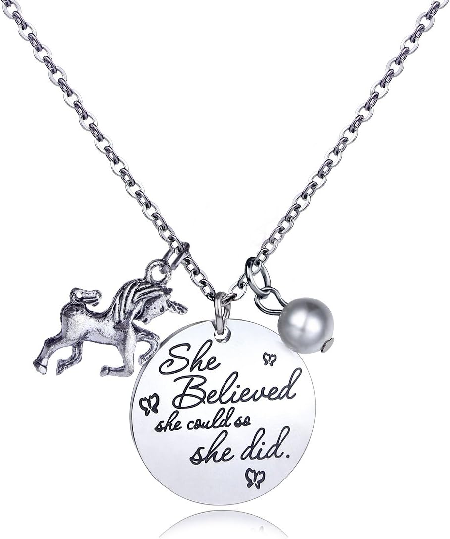 Stainless Steel Pendant Horse Necklace Gift - Family Friend Gift She Believed She Could So She Did Family Tree Women Girl Pendant Necklace for Mom Girlfriend Pearl
