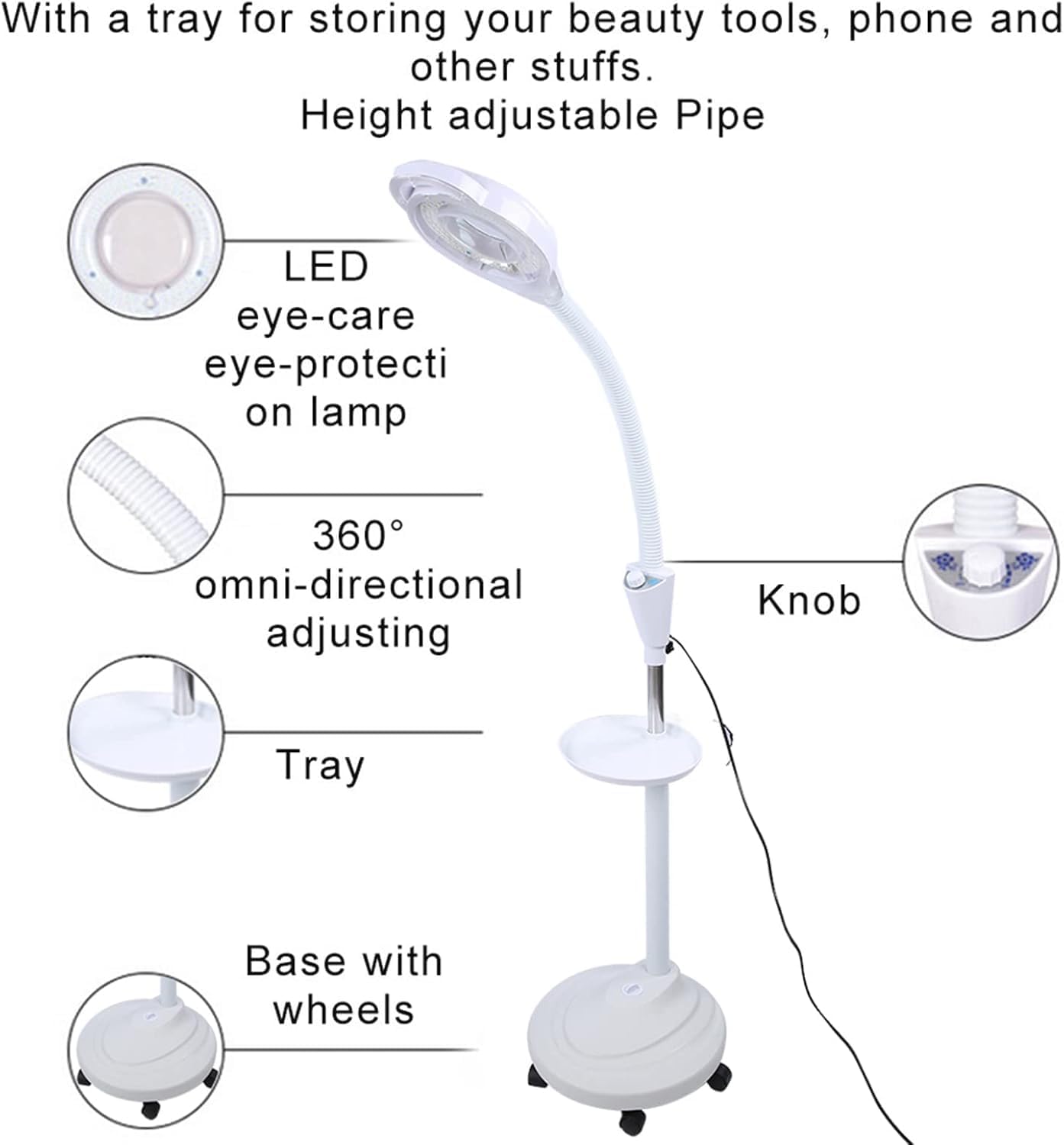 LED-Vergrößerungs-Stehlampe, Höhenverstellbares Beauty-Licht, 8-fache Vergrößerungs-Stehlampe, 360-Grad-Rollständer-Licht für Tattoo-Hautpflege(EU)