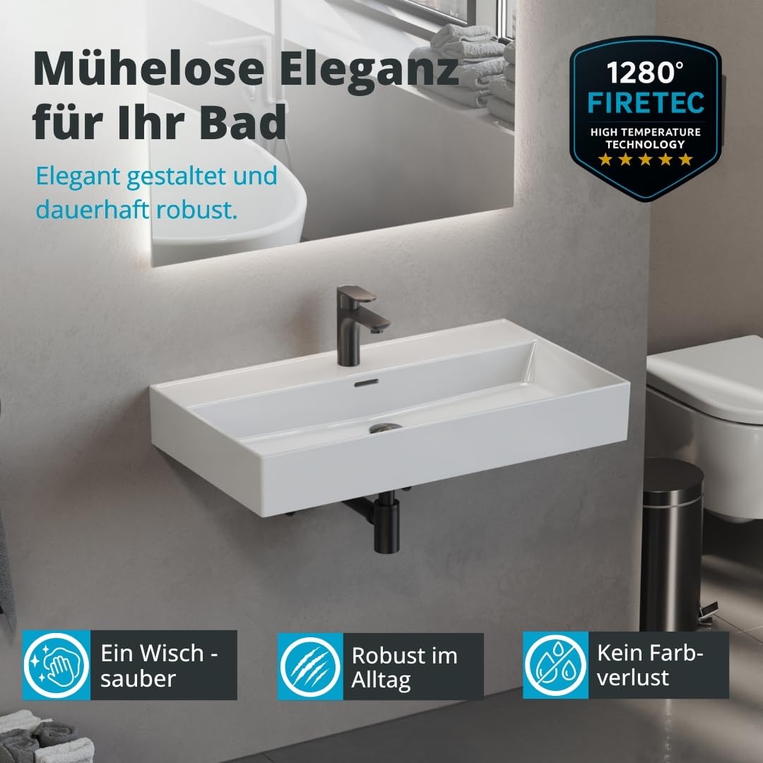 Aqua Bagno lavabo cerámico 80 cm blanco – lavabo encimera rectangular para baño, diseño moderno con borde fino, superficie fácil de limpiar, montaje en pared o sobre encimera | También como lavabo superior, con orificio para grifo, borde fino de 8 mm, mon
