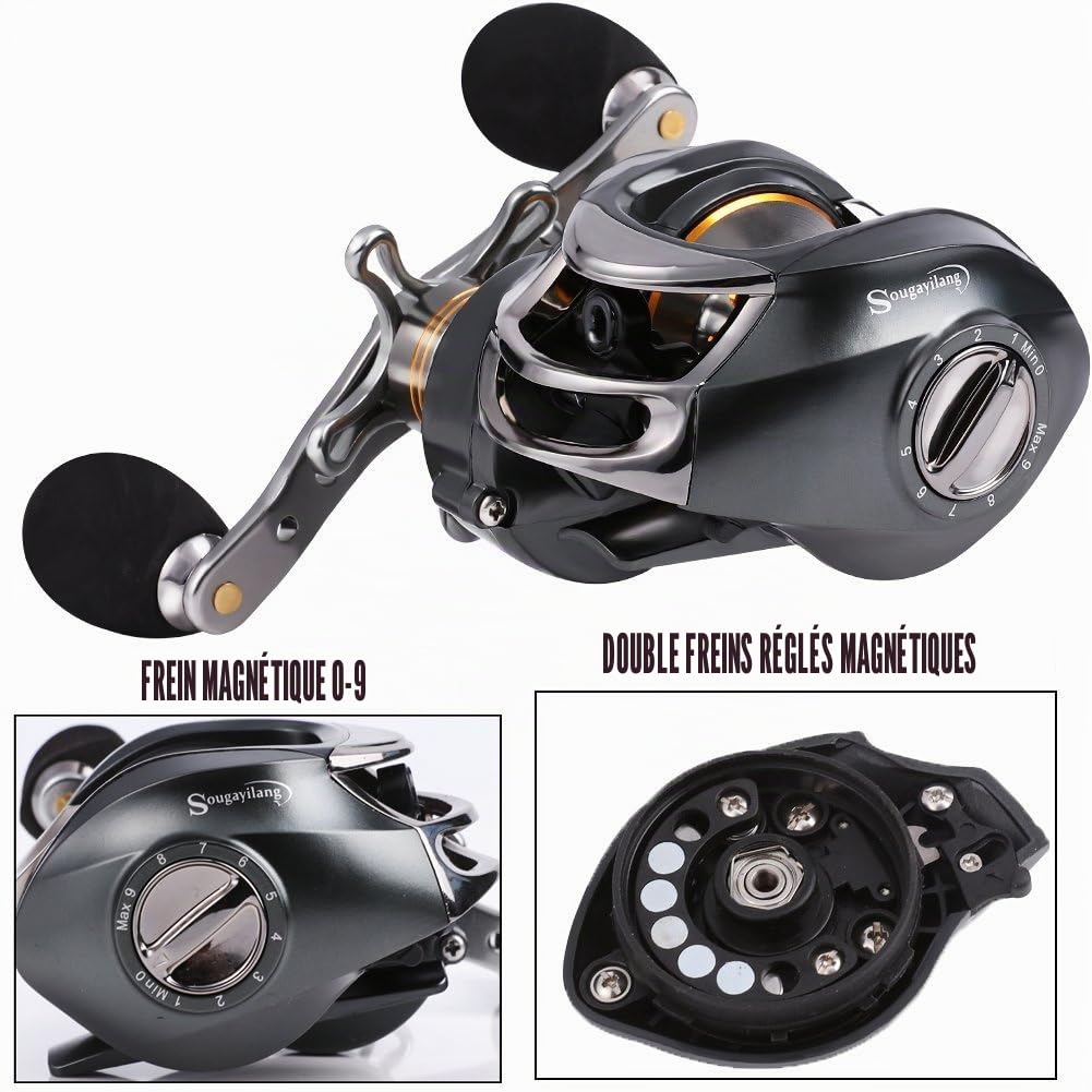 Sougayilang Moulinet de pêche à 12 roulements en acier inoxydable, 8,2 kg Super Drag, moulinet de pêche magnétique à double frein