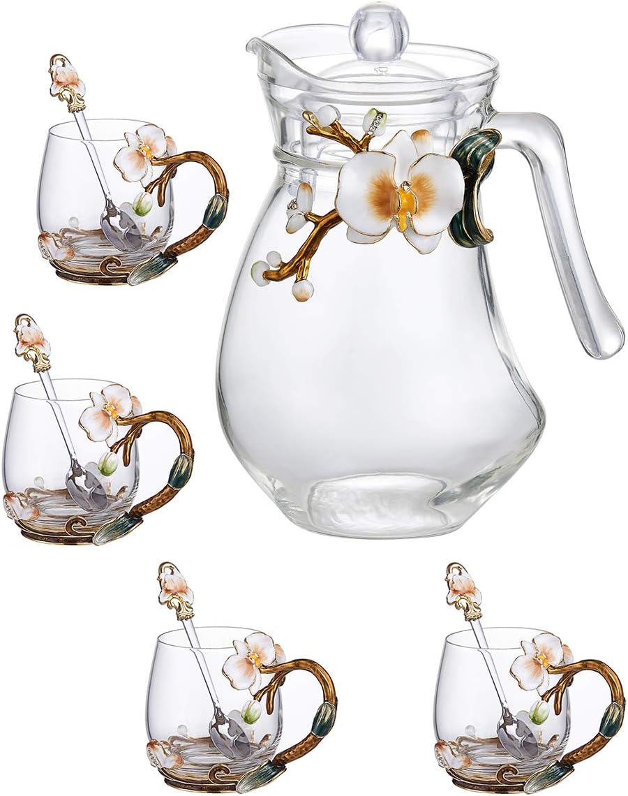 Tea Mug Set of 5, Crystal Tea Cup Coffee Mug Set 4x 11oz Tea Mugs 1x 45oz Water Kettle with Enamels