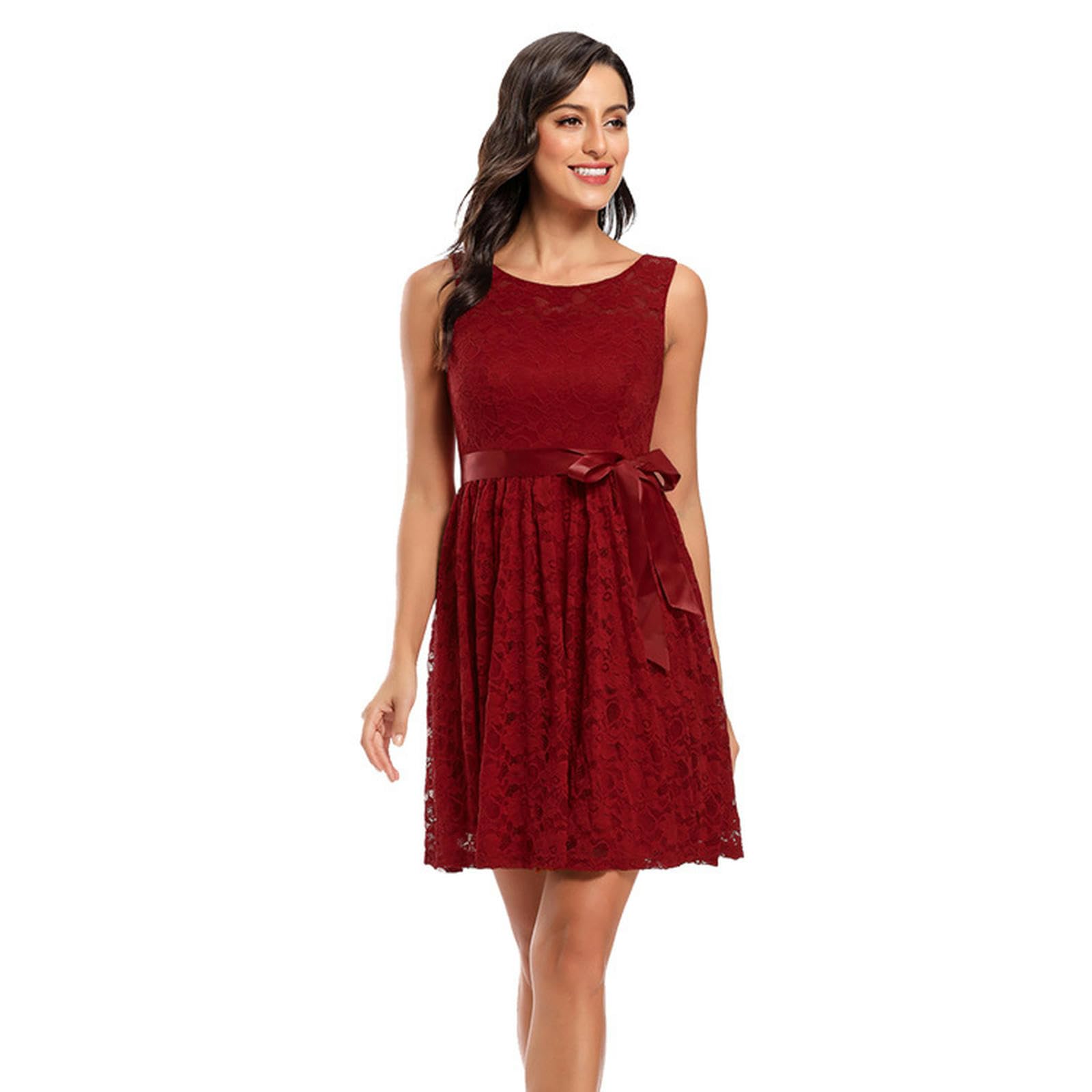 Abito Donna Invernale Donnetto Rotondo da Donna Elegante Swing in Pizzo A Mezza Lunghezza Abito da Damigella d'Onore da Damigella d'Onore-Claret-XXL