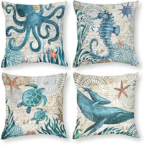 BBKD Set of 4 Coastal Decorative Throw Pillow Covers 20x20 Inch, Ocean Pillow Covers, Home Decorative Square Pillowcases ,for Living Room, Couch and Bed 20x20 Inch Cover